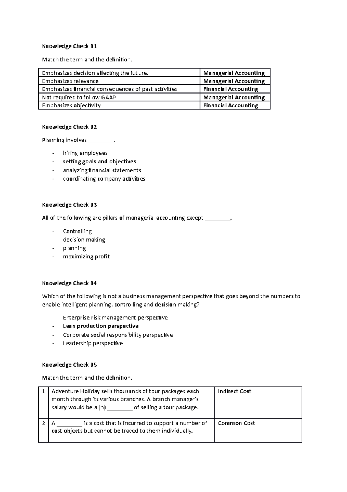 Management Accounting Knowledge Check 1 Knowledge Check 01 Match