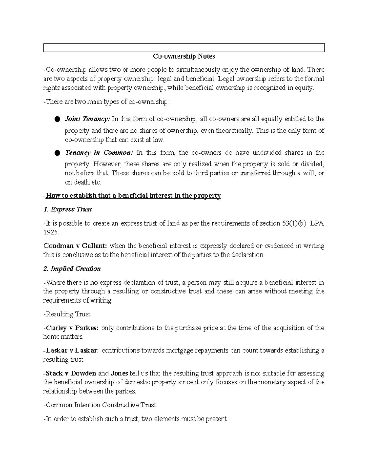 Co-ownership Notes - Co-ownership Notes -Co-ownership allows two or ...