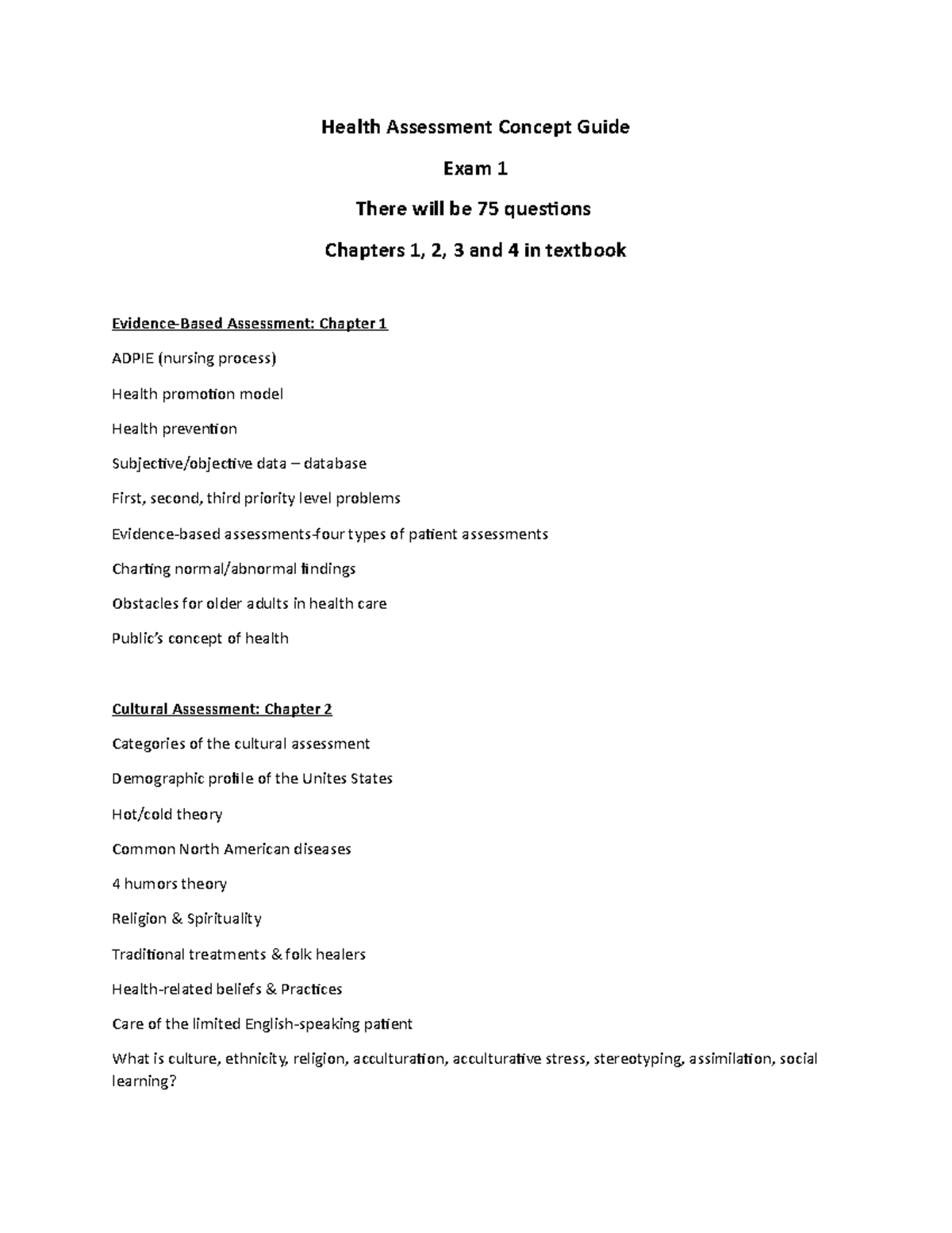 NUR2092 Health Assessment Concept Guide Exam 1 - Health Assessment ...