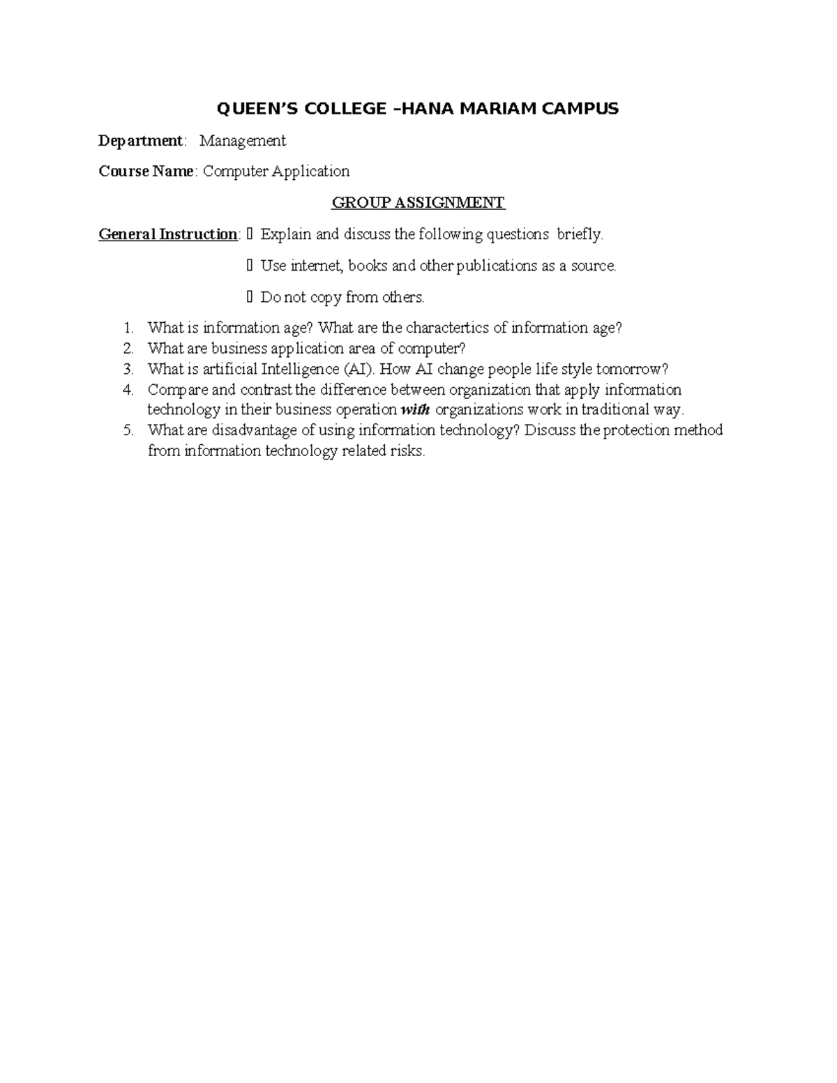 Computer Application Assignmnet - QUEEN’S COLLEGE –HANA MARIAM CAMPUS ...
