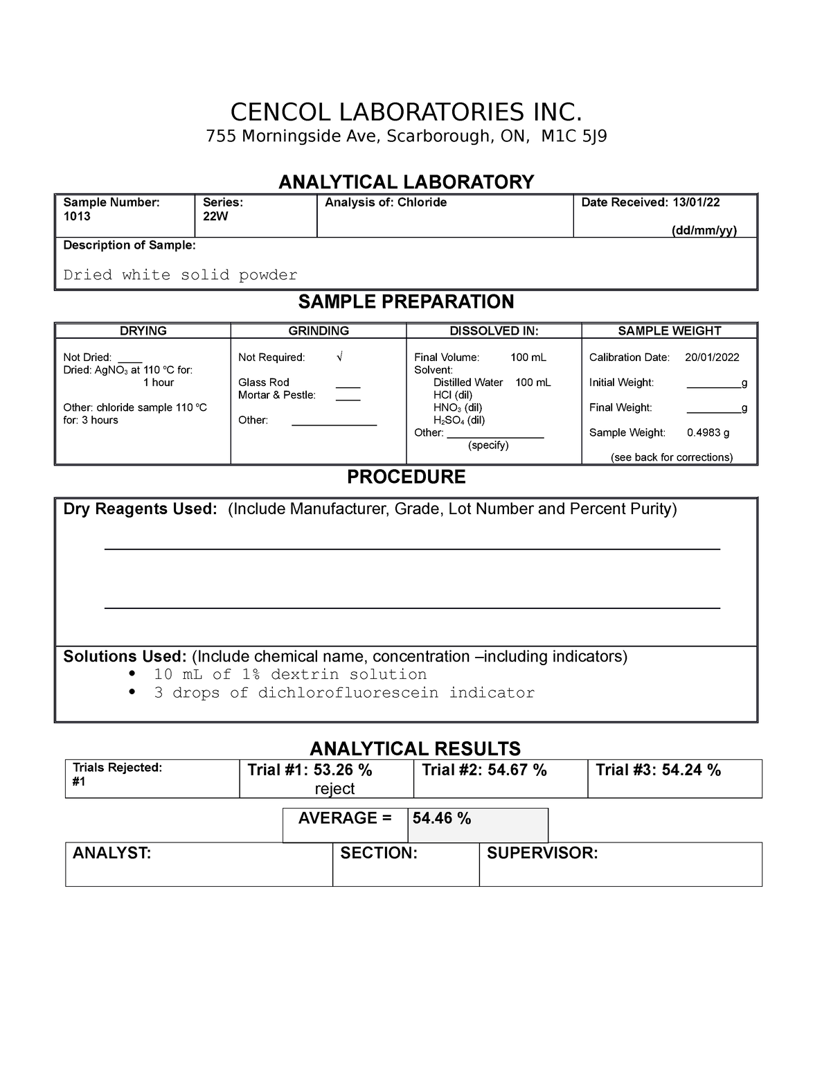 Cencol and Calculation Expt 1 - CENCOL LABORATORIES INC. 755 Morningside  Ave, Scarborough, ON, M1C - Studocu