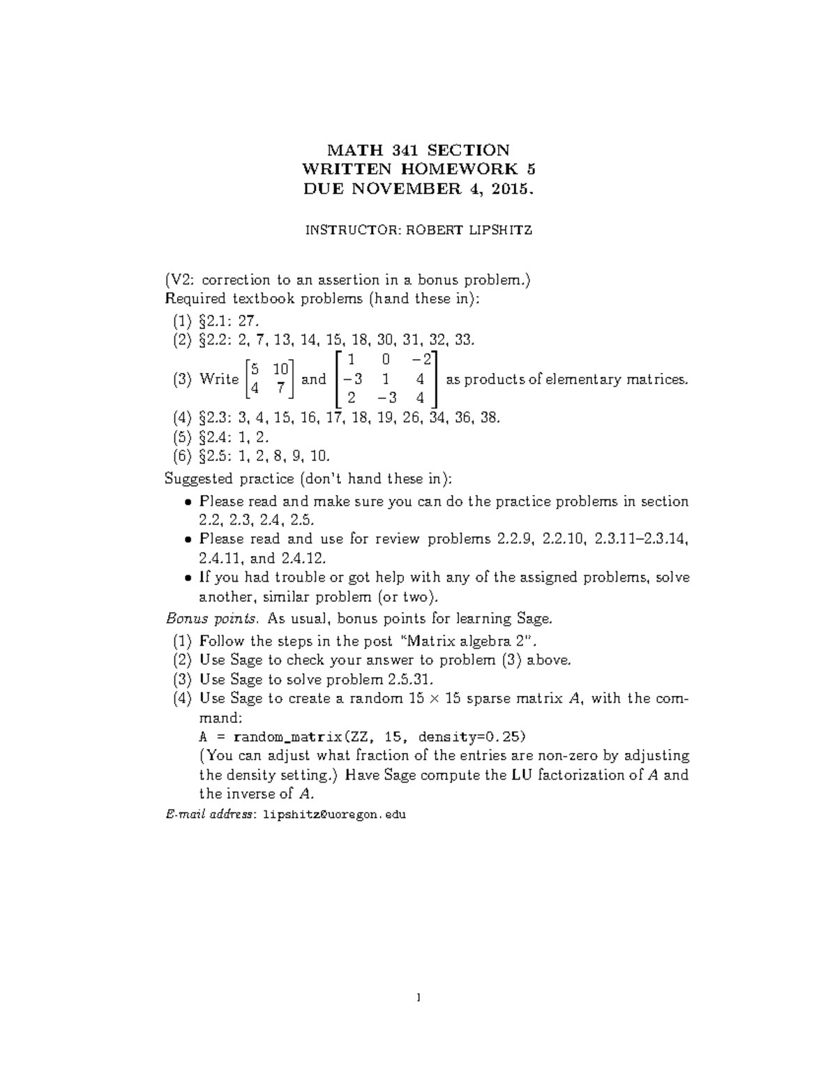 Homework assignment 5 - MATH 341 SECTION WRITTEN HOMEWORK 5 DUE ...
