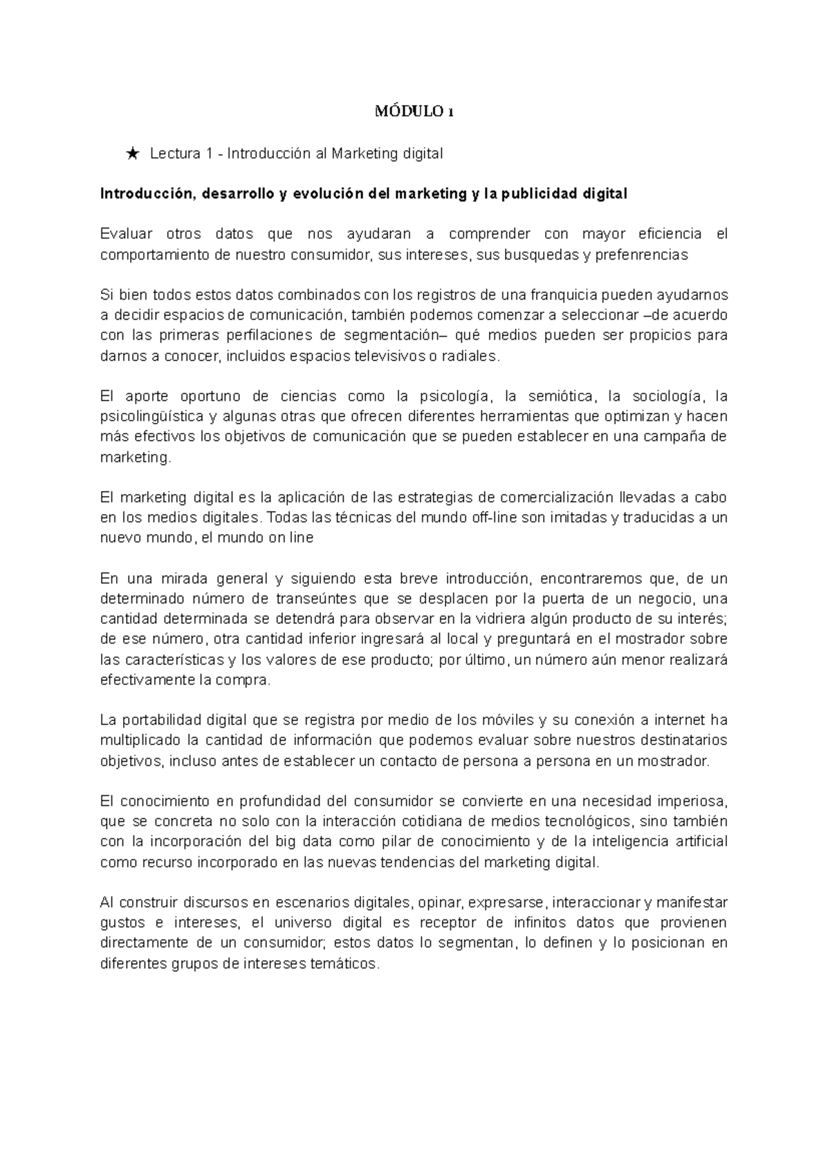 Resumen Marketing 1 - Modulo 1 y 2 - MÓDULO 1 ★ Lectura 1 ...