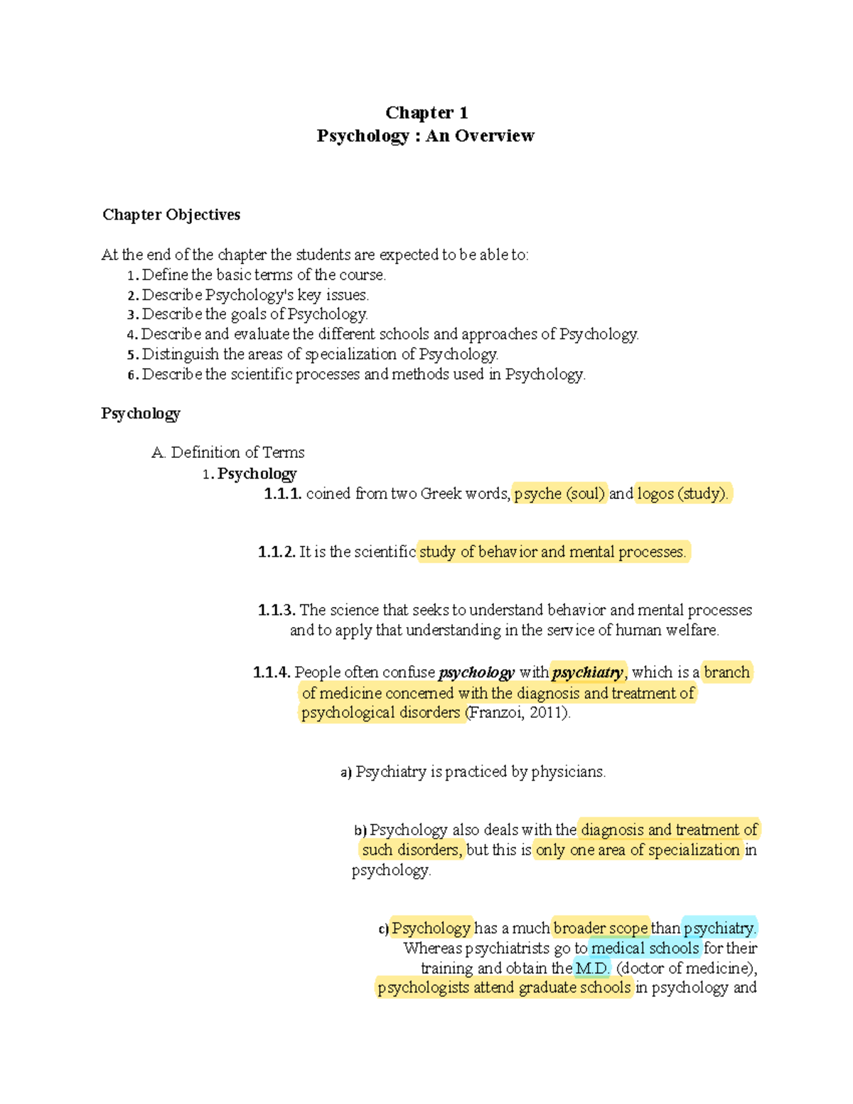 Chapter 1 (Highlighted) - Chapter 1 Psychology : An Overview Chapter ...