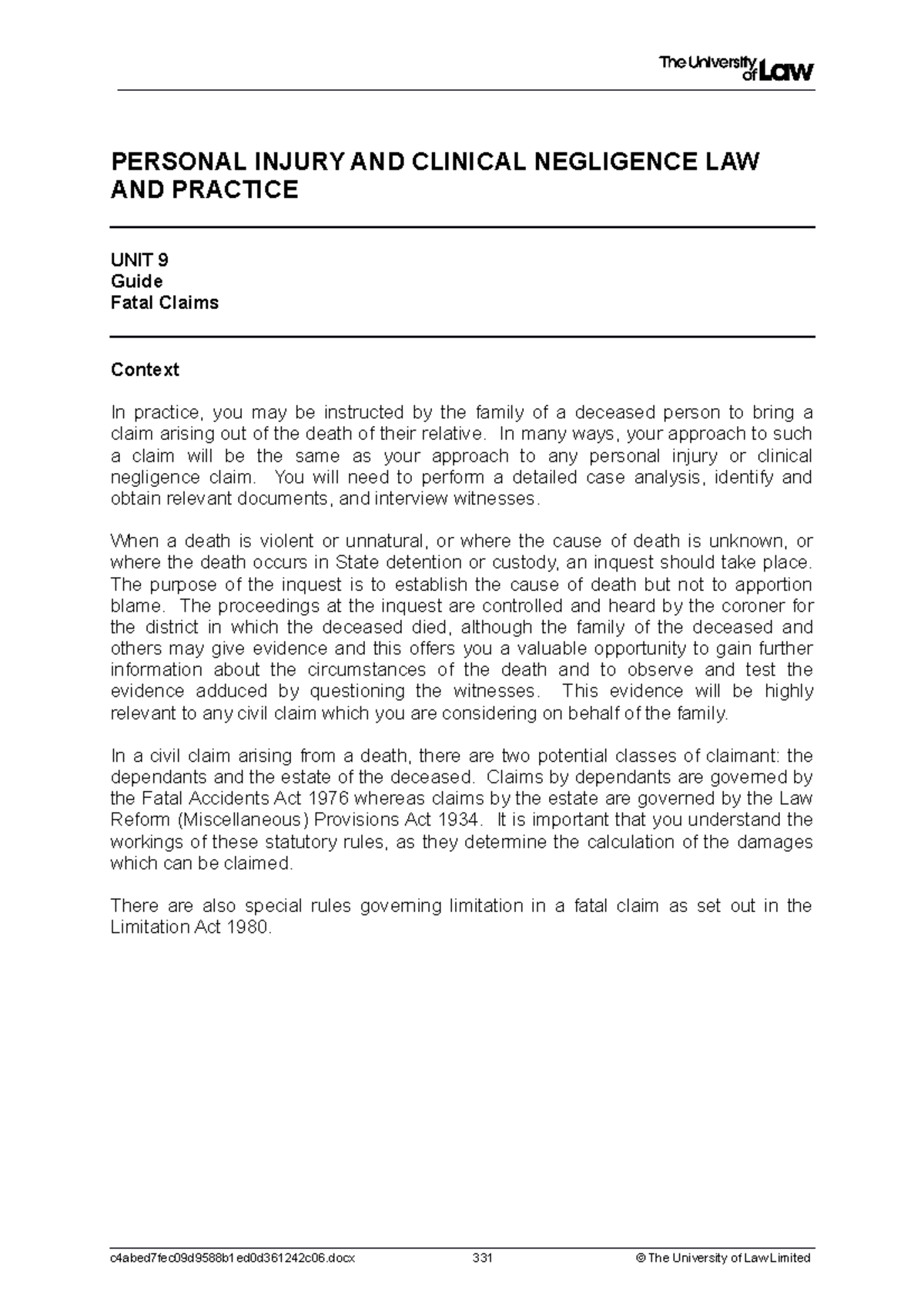 Week 9 PI fatal claims - PERSONAL INJURY AND CLINICAL NEGLIGENCE LAW ...