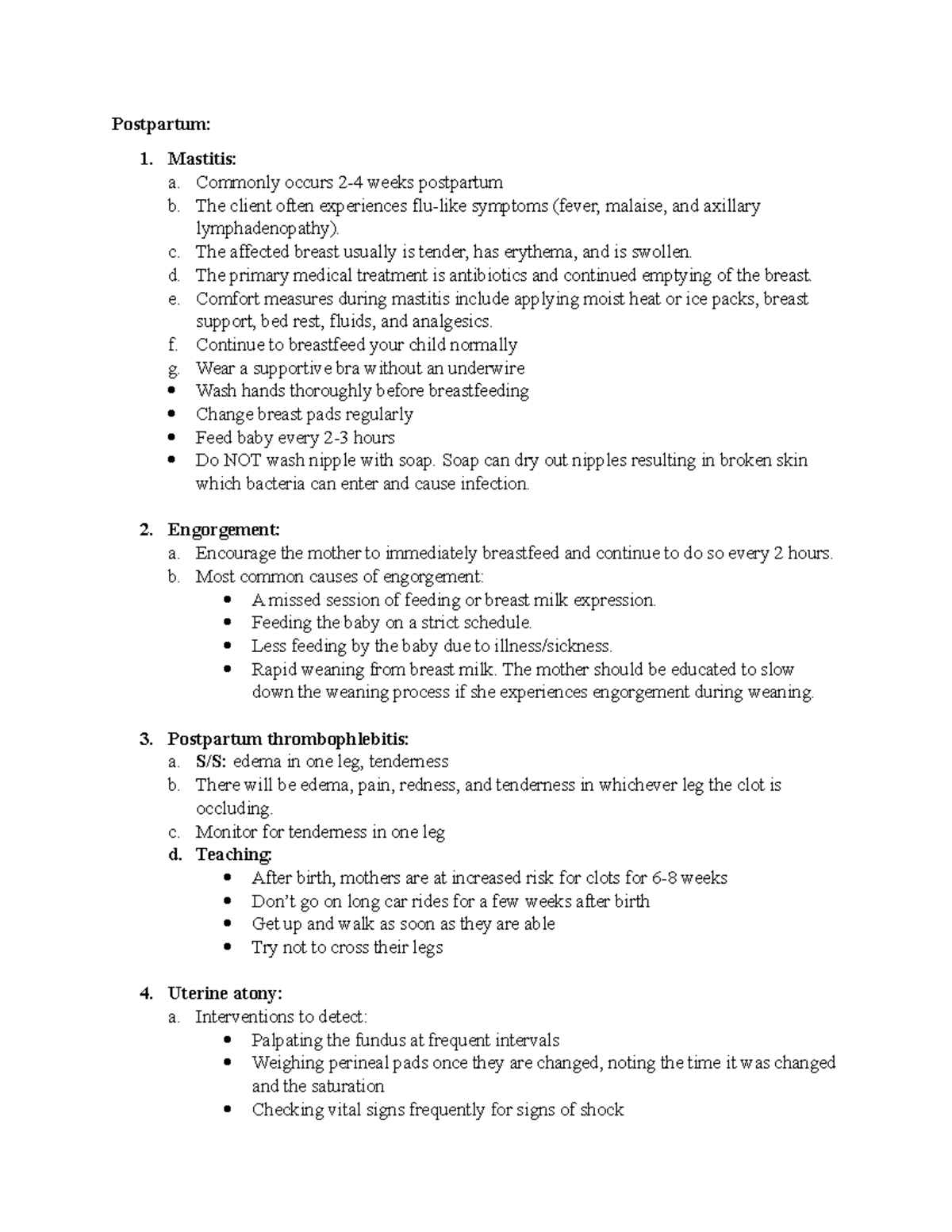 Postpartum - NCLEX review notes - Postpartum: 1. Mastitis: a