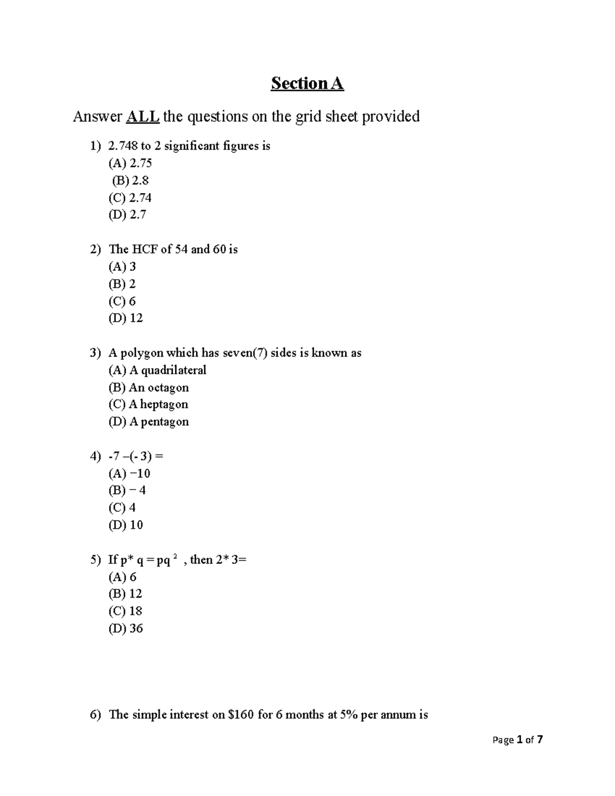 MATH TEST 2 - CSEC - Section A Answer ALL the questions on the grid ...