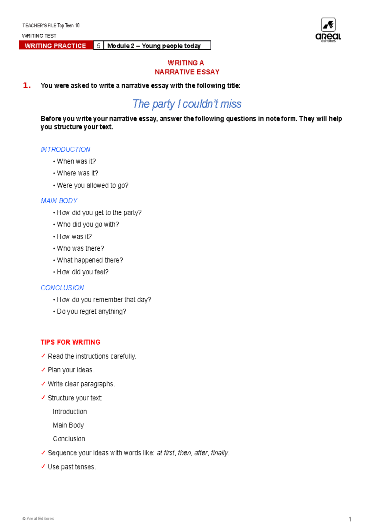 Ae tt1021 writing practice m2 - WRITING TEST WRITING A NARRATIVE ESSAY ...