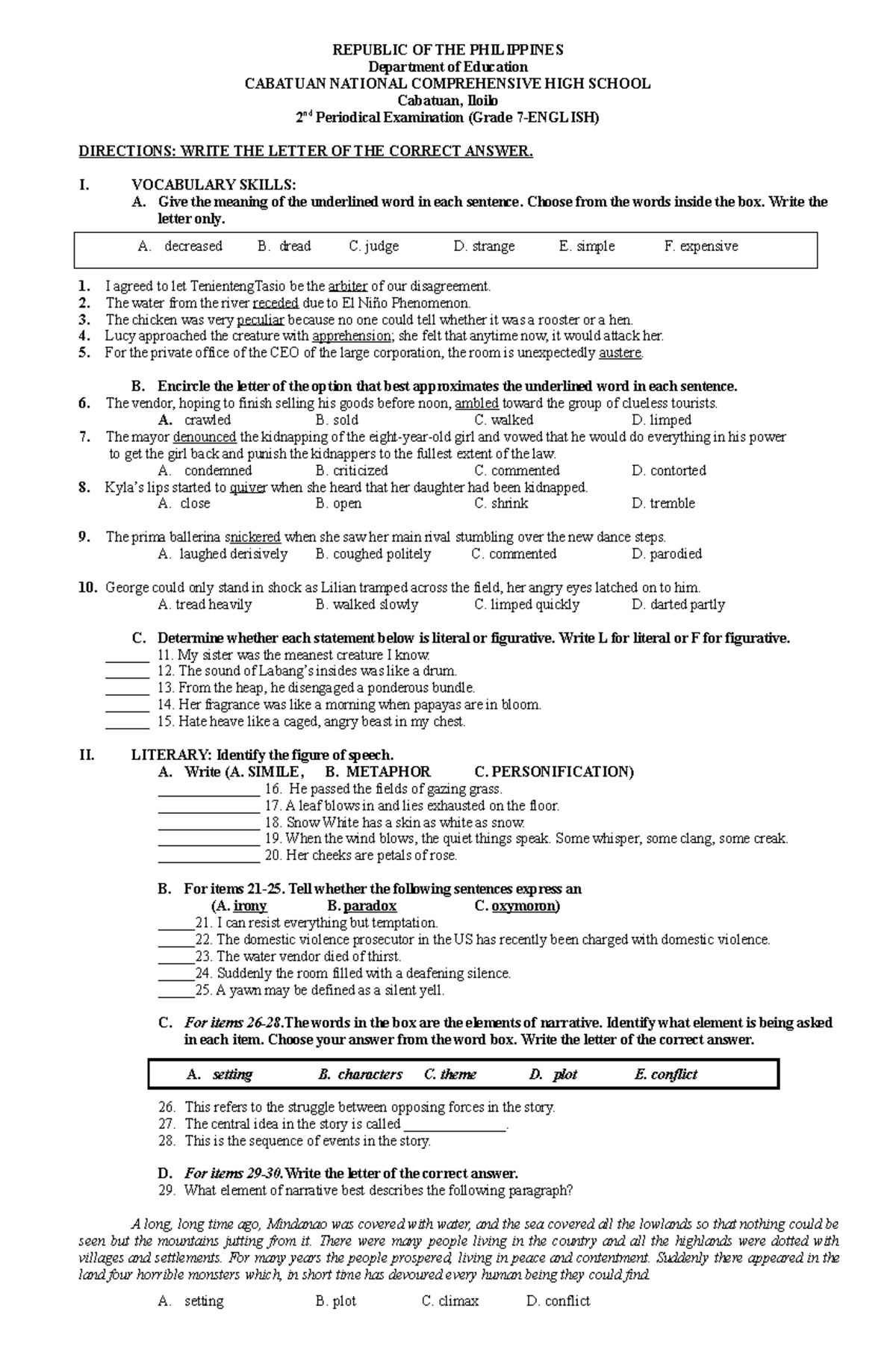 2nd qtr TEST final - EXAM - REPUBLIC OF THE PHILIPPINES Department of ...