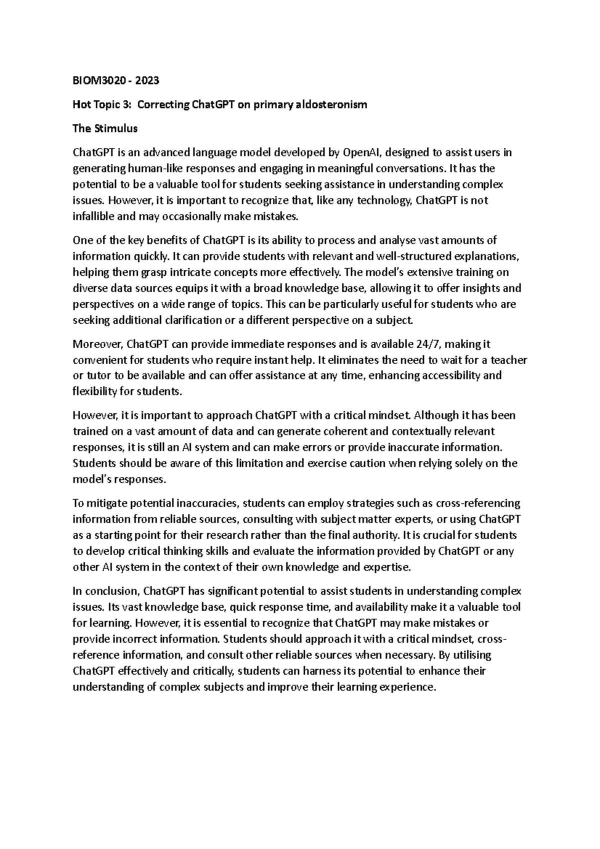 BIOM3020 Hot Topic 3 - BIOM3020 - 2023 Hot Topic 3: Correcting ChatGPT ...