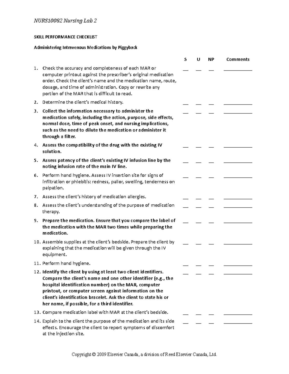 Administering IV meds checklist - NURS10082 Nursing Lab 2 SKILL ...