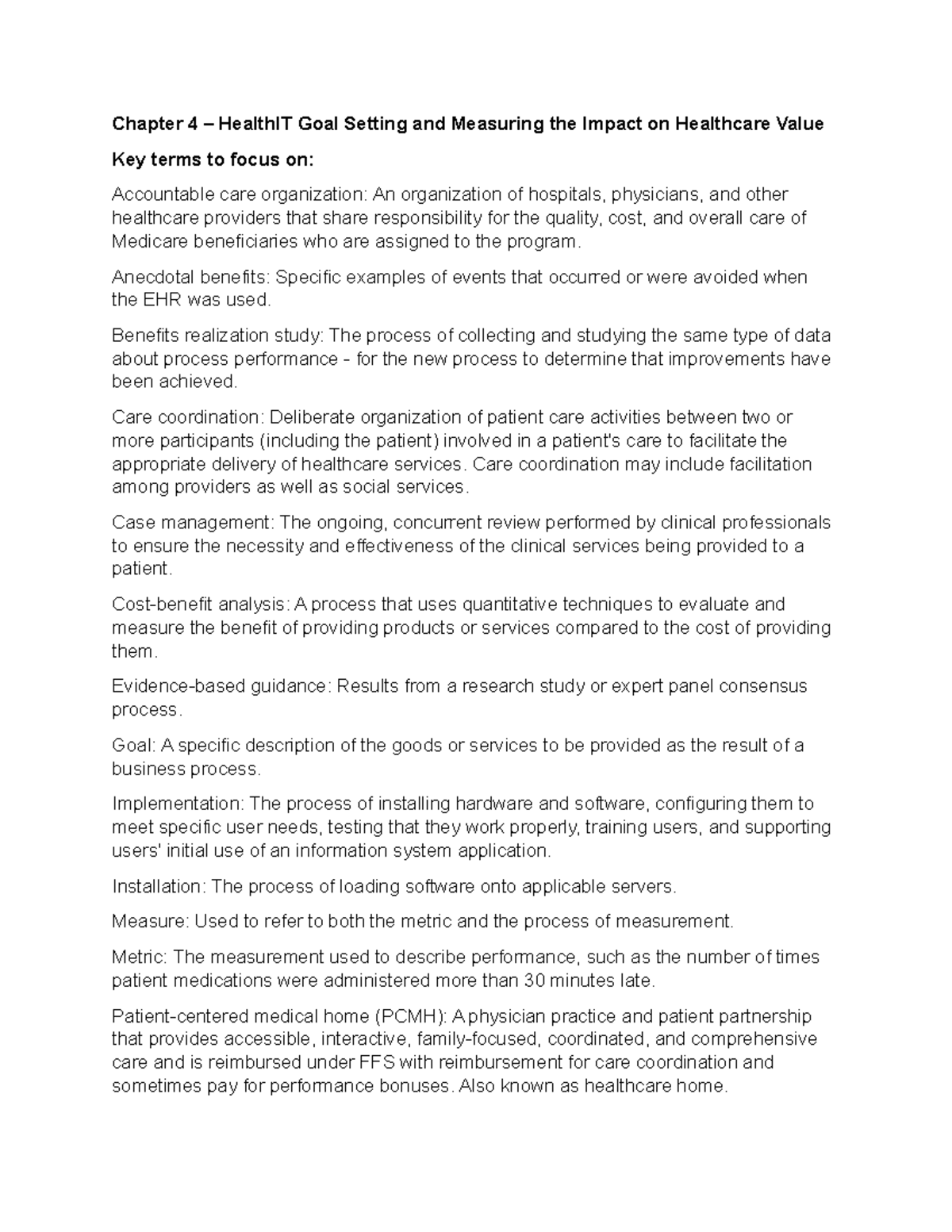 Chapter 4 - Key Terms - Chapter 4 – HealthIT Goal Setting and Measuring ...