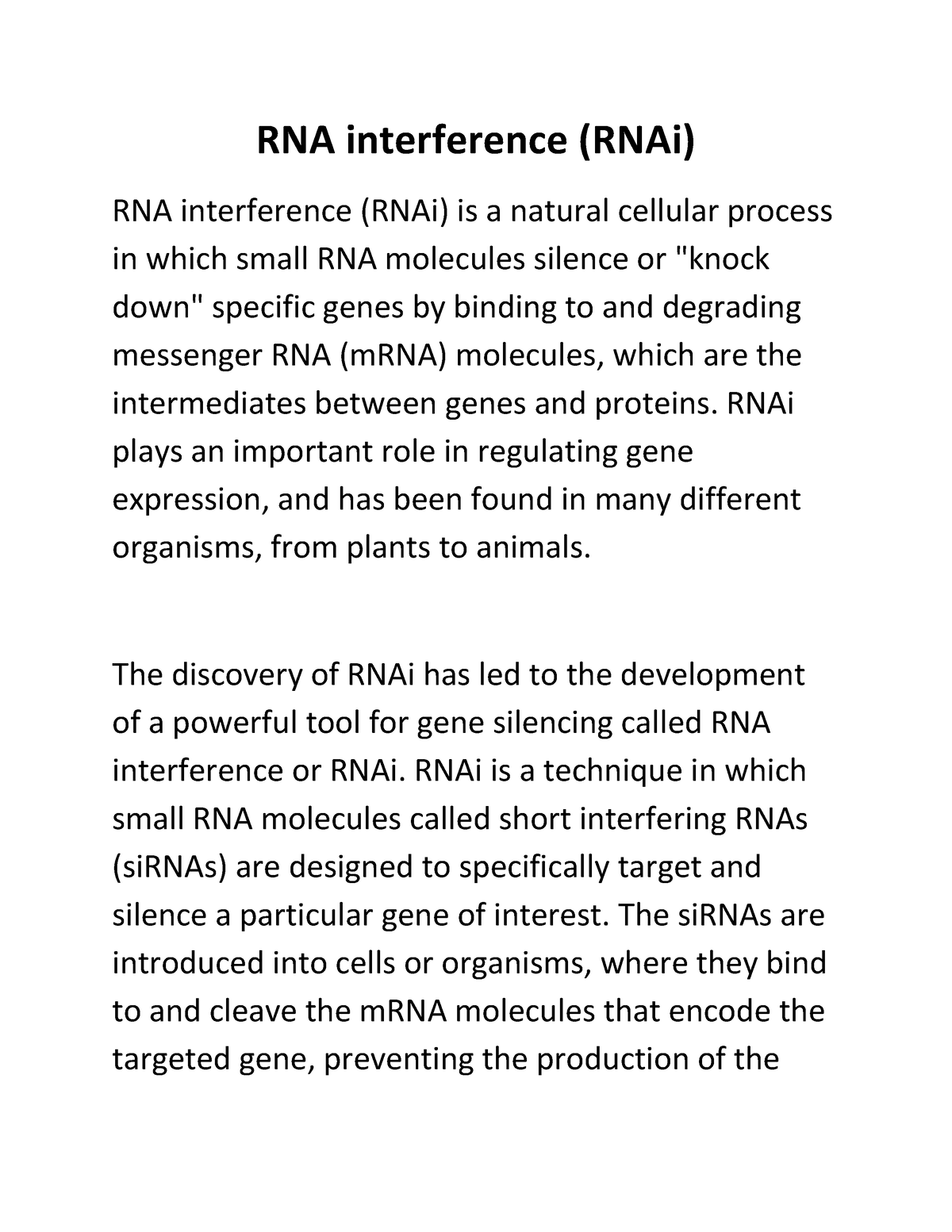 RNA Interference (RNAi) Part 1 - RNA Interference (RNAi) RNA ...