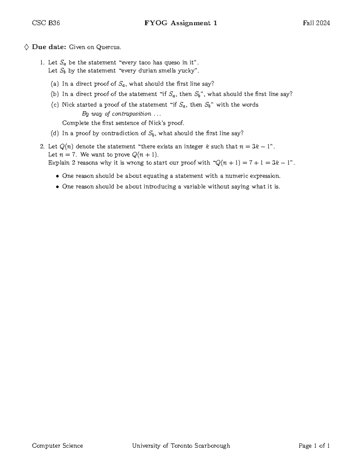 Fyog1 - notes - CSC B36 FYOG Assignment 1 Fall 2024 ♦ Due date: Given ...