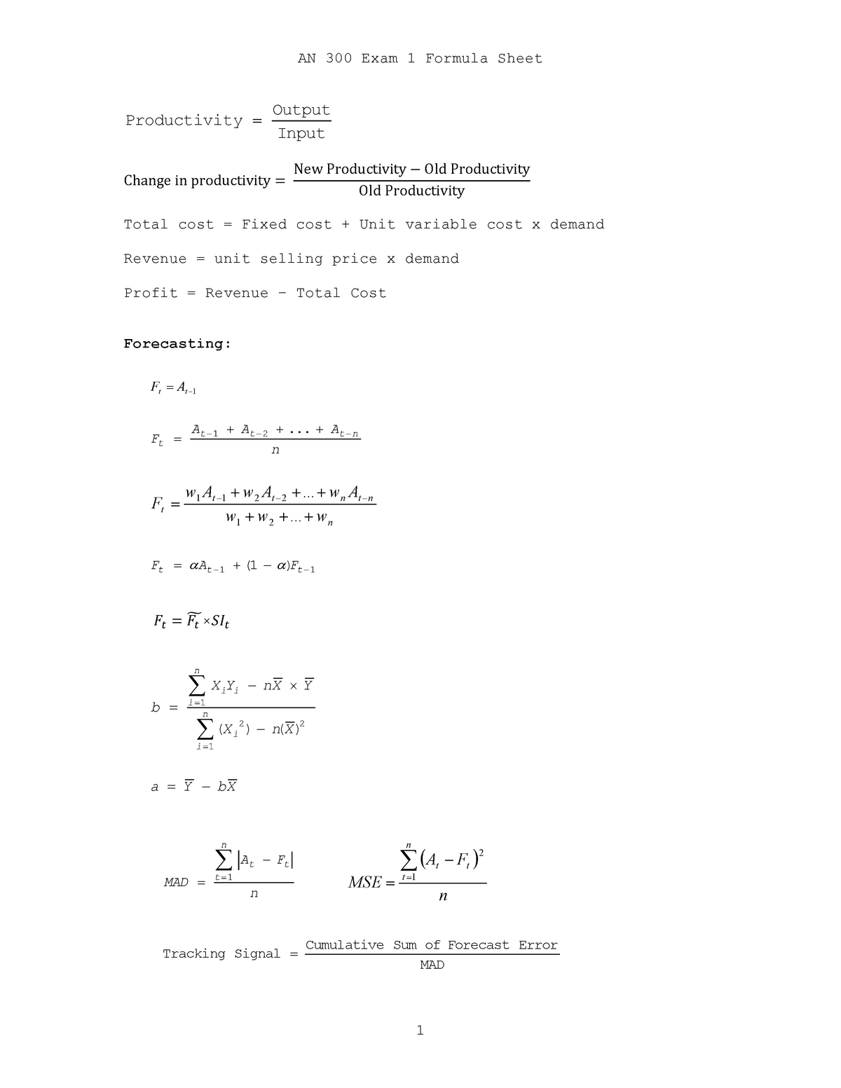 Exam 1 formula sheet - AN 300 Exam 1 Formula Sheet Productivity Output