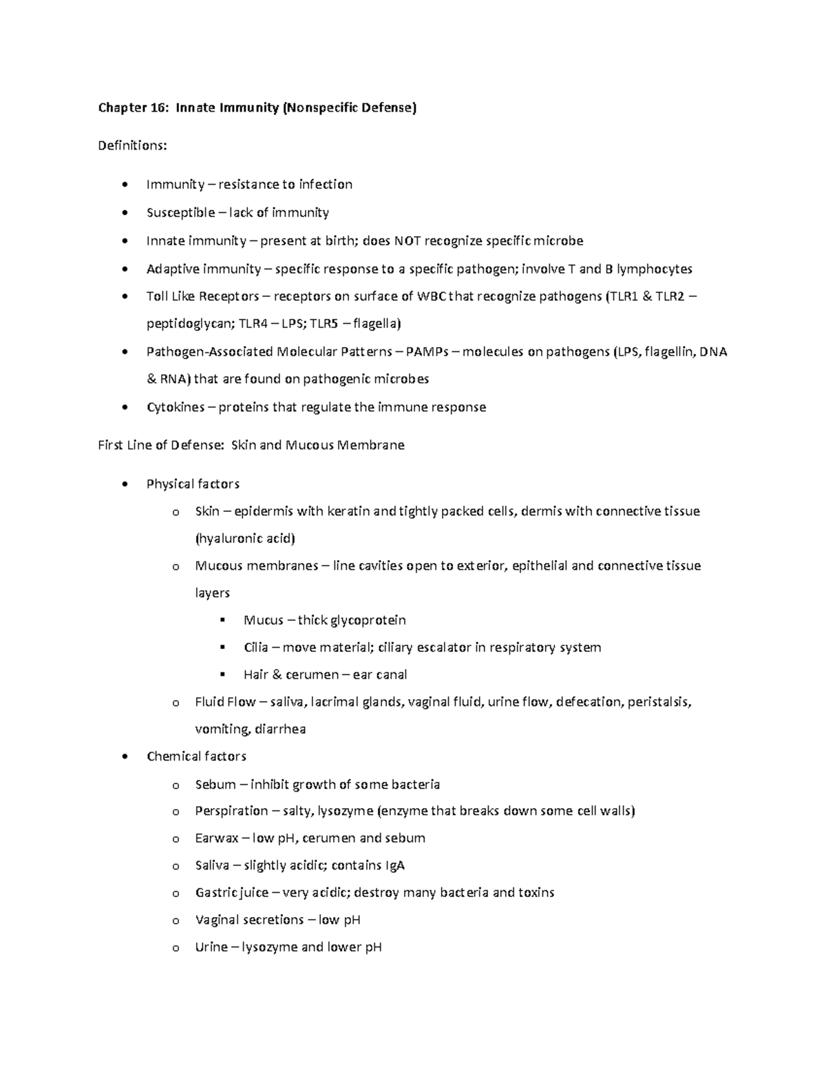 Exam 4 Review Ch 16, 17, 19 - Chapter 16: Innate Immunity (Nonspecific ...