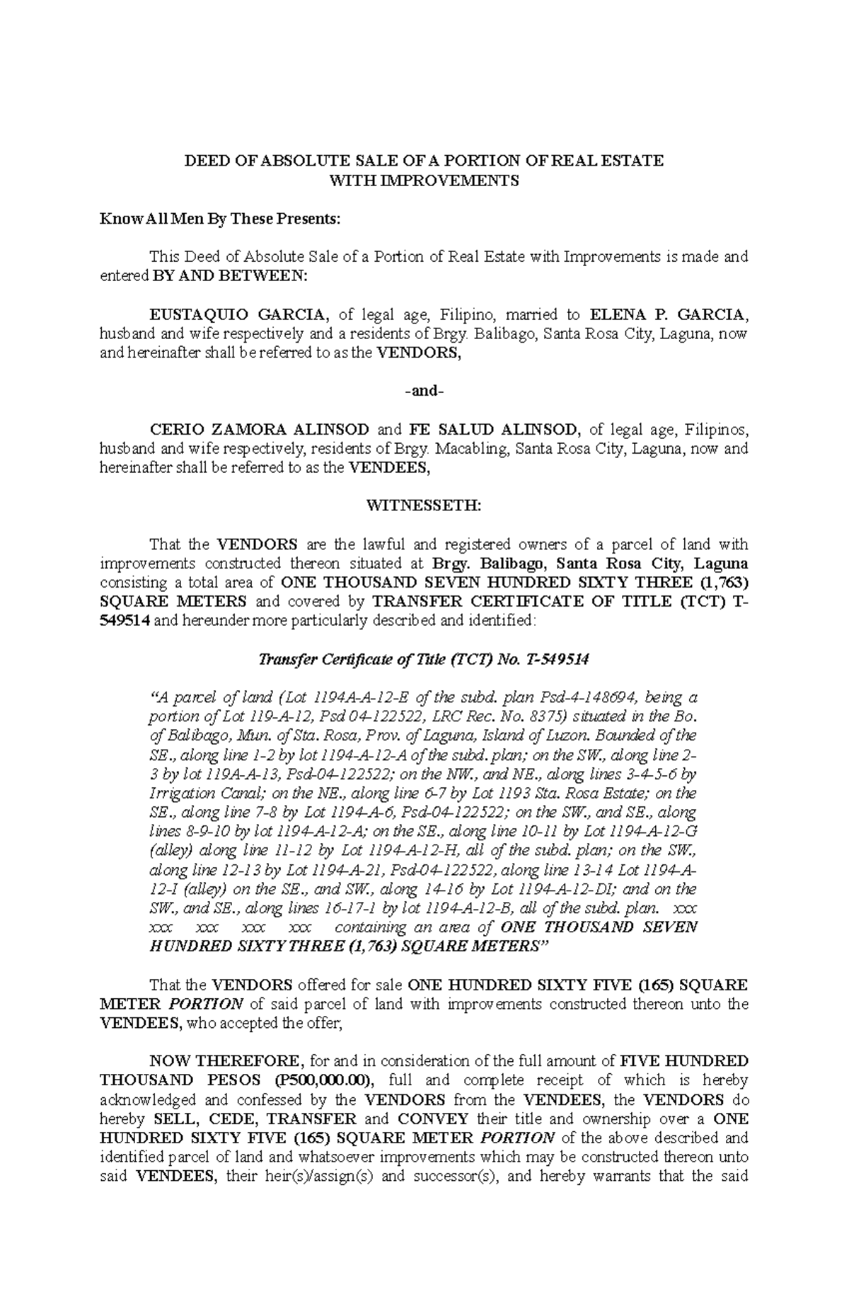 DOAS Eustaquio 2 FE - SAMPLE - DEED OF ABSOLUTE SALE OF A PORTION OF ...