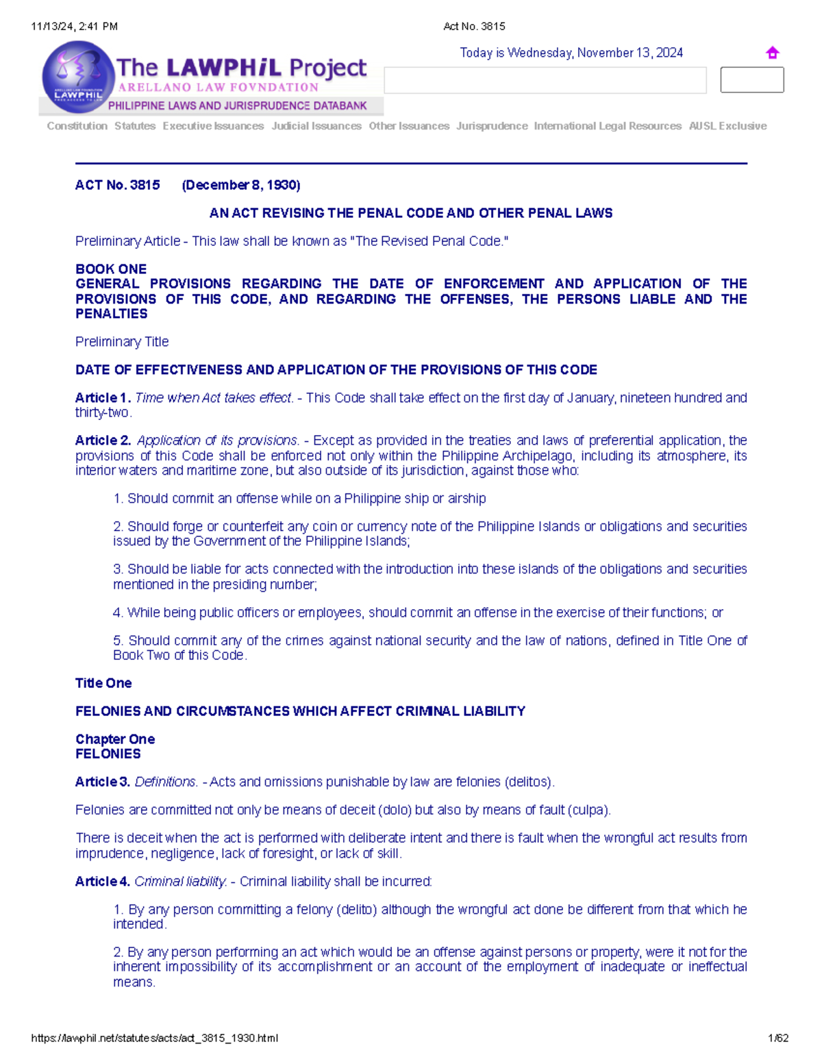 Act No 3815 Revised Penal Code Constitution Statutes Executive