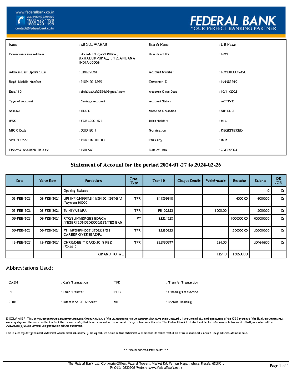 Account Statement 1672 Xxxxxx 7450 The Federal Bank Ltd Corporate 