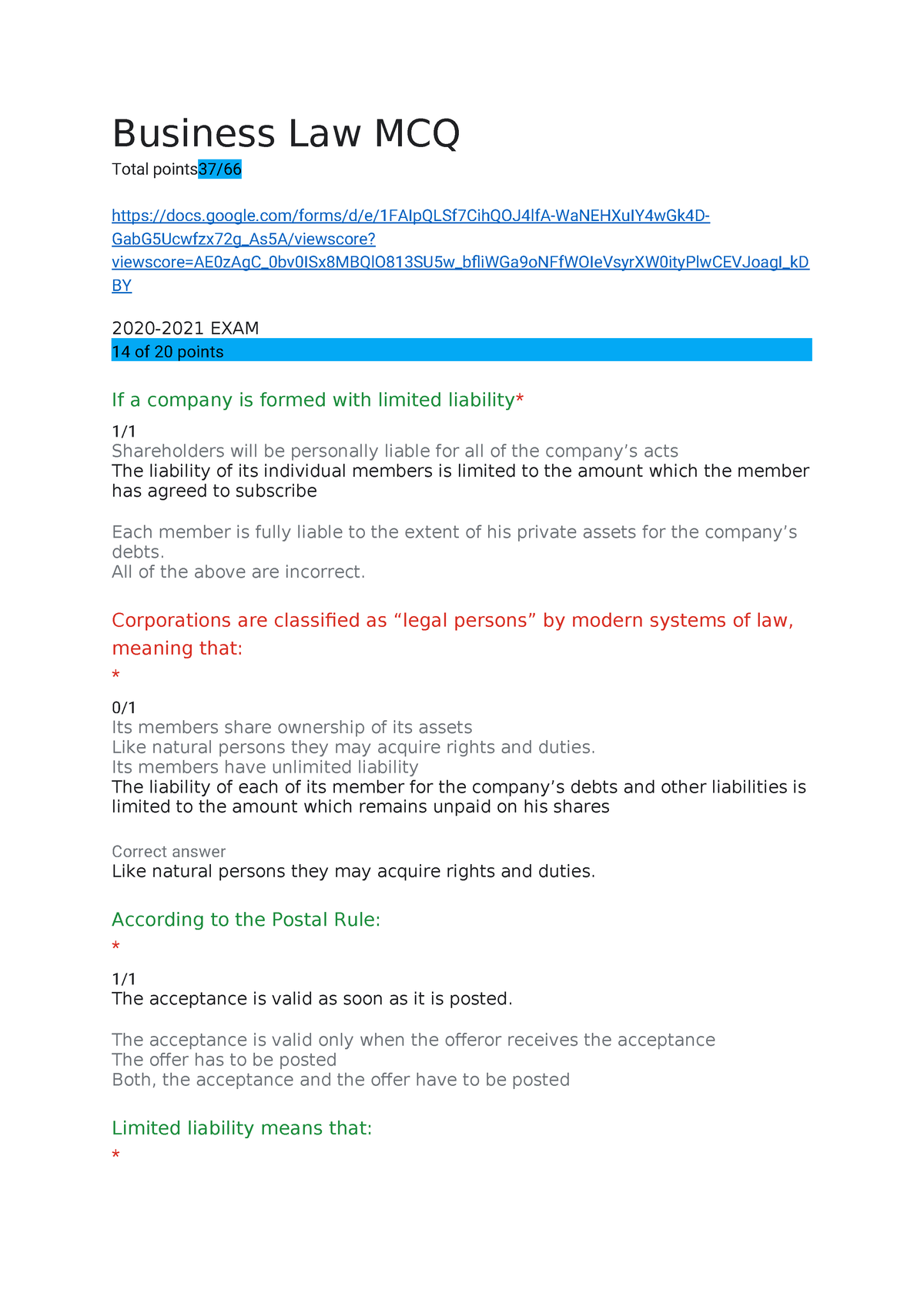 Business Law Question - Business Law MCQ Total Points37/ - Studocu