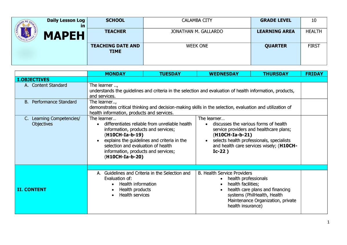 Q1 Grade 10 Health DLL Week 1 - MONDAY TUESDAY WEDNESDAY THURSDAY ...