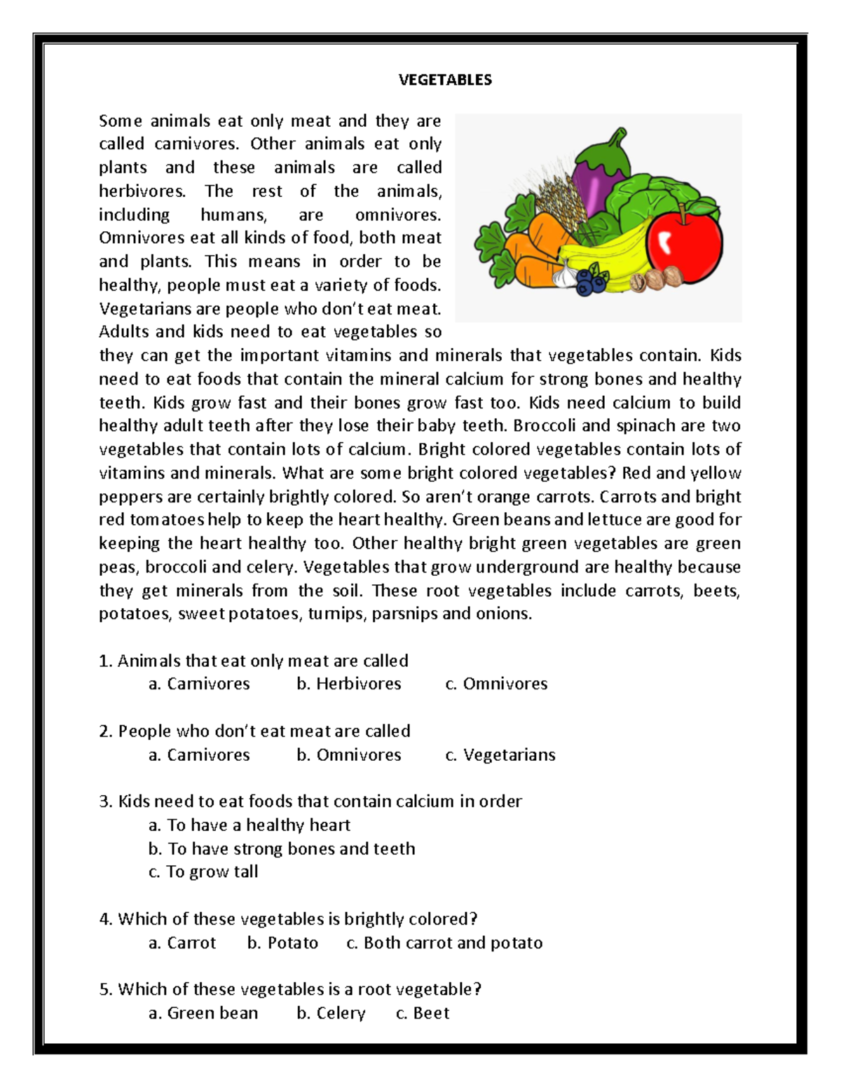 Grade 3 Reading Comprehension (New Set) - VEGETABLES Some animals eat ...