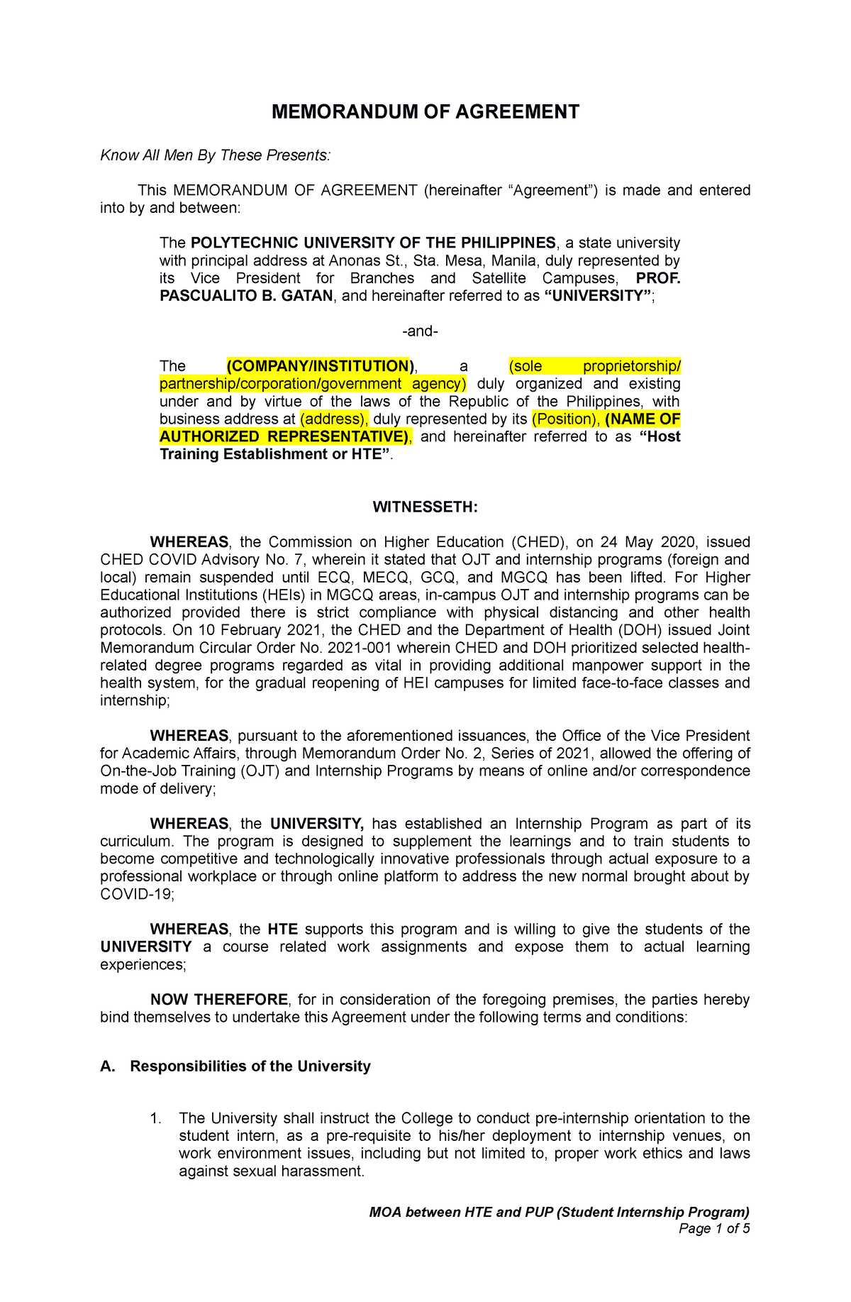 Ilagan OJT-MOA- Template- Ovpbsc 04222022 - MEMORANDUM OF AGREEMENT ...