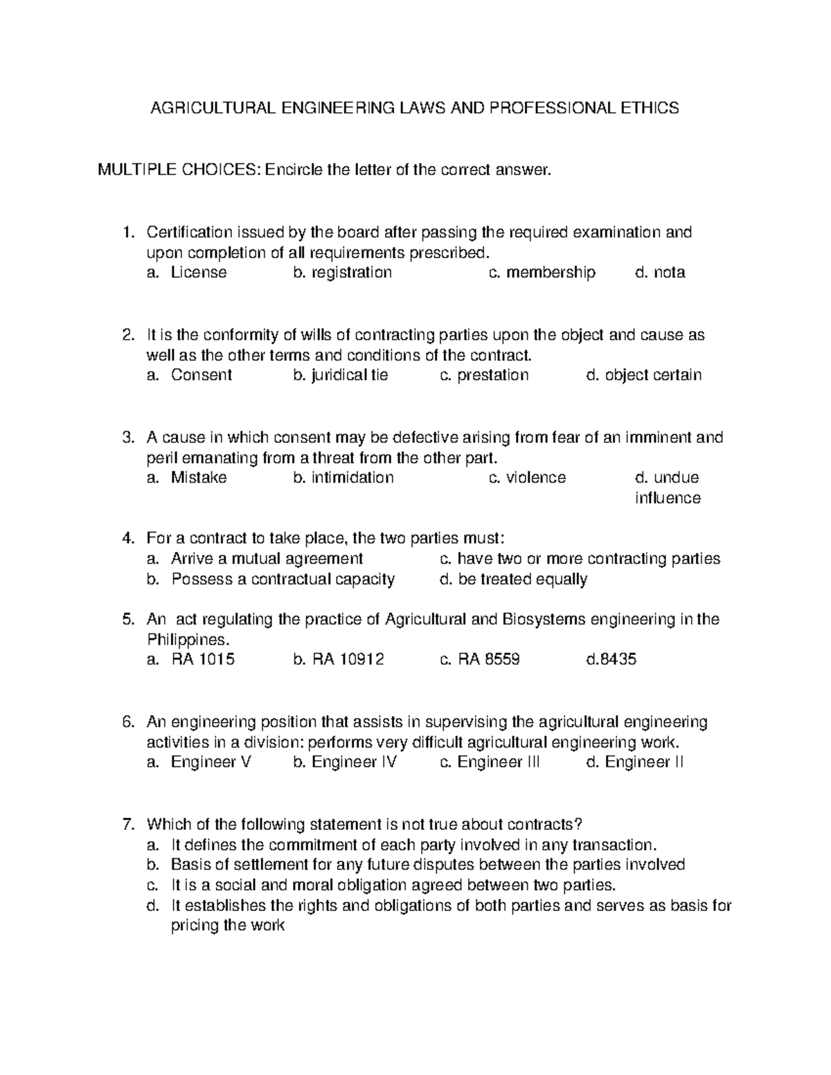 Agricultural Engineering LAWS AND Professional Ethics AGRICULTURAL