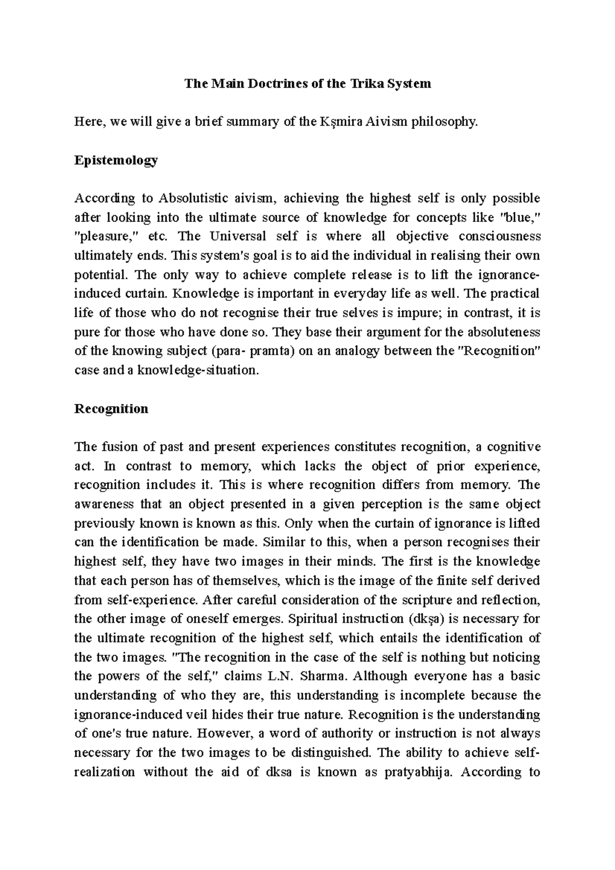 The Main Doctrines of the Trika System - Epistemology According to ...