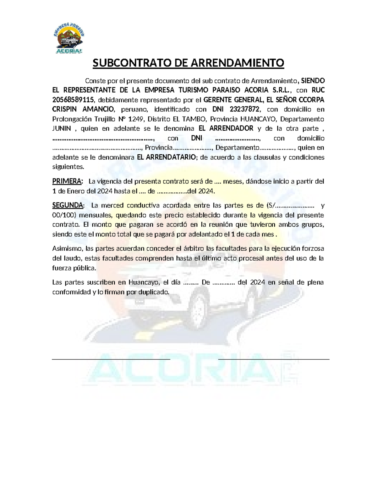 Contrato DE Arrendamiento - SUBCONTRATO DE ARRENDAMIENTO Conste por el ...
