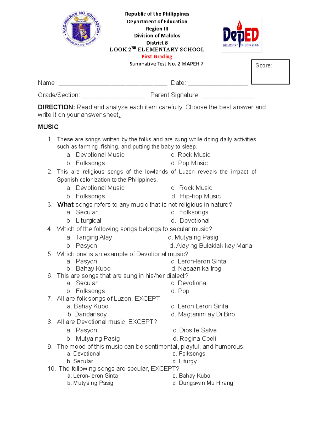 Mapeh Summative Test Quarter 1 Sy 2022 2023 Grade 7 12 With Answer Key ...