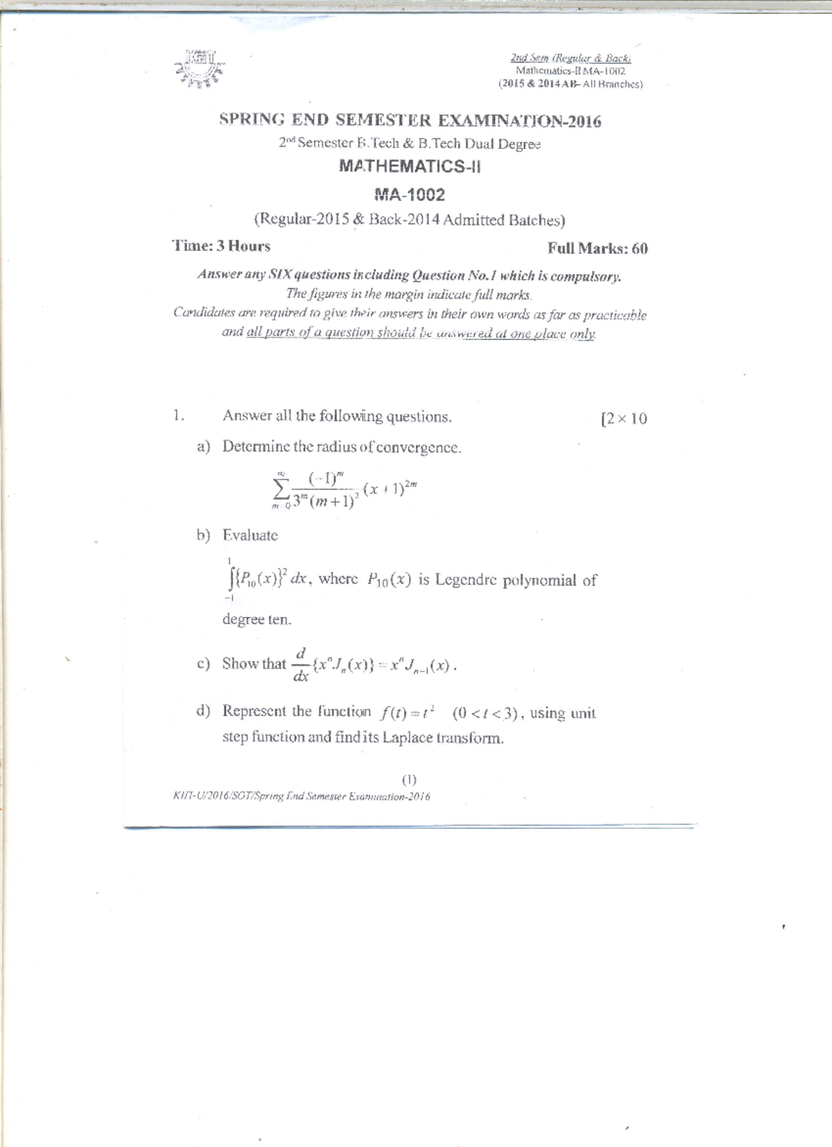 2nd Semester Mathematics-II MA-1002-2016 (2014 & 2015 admitted batch ...