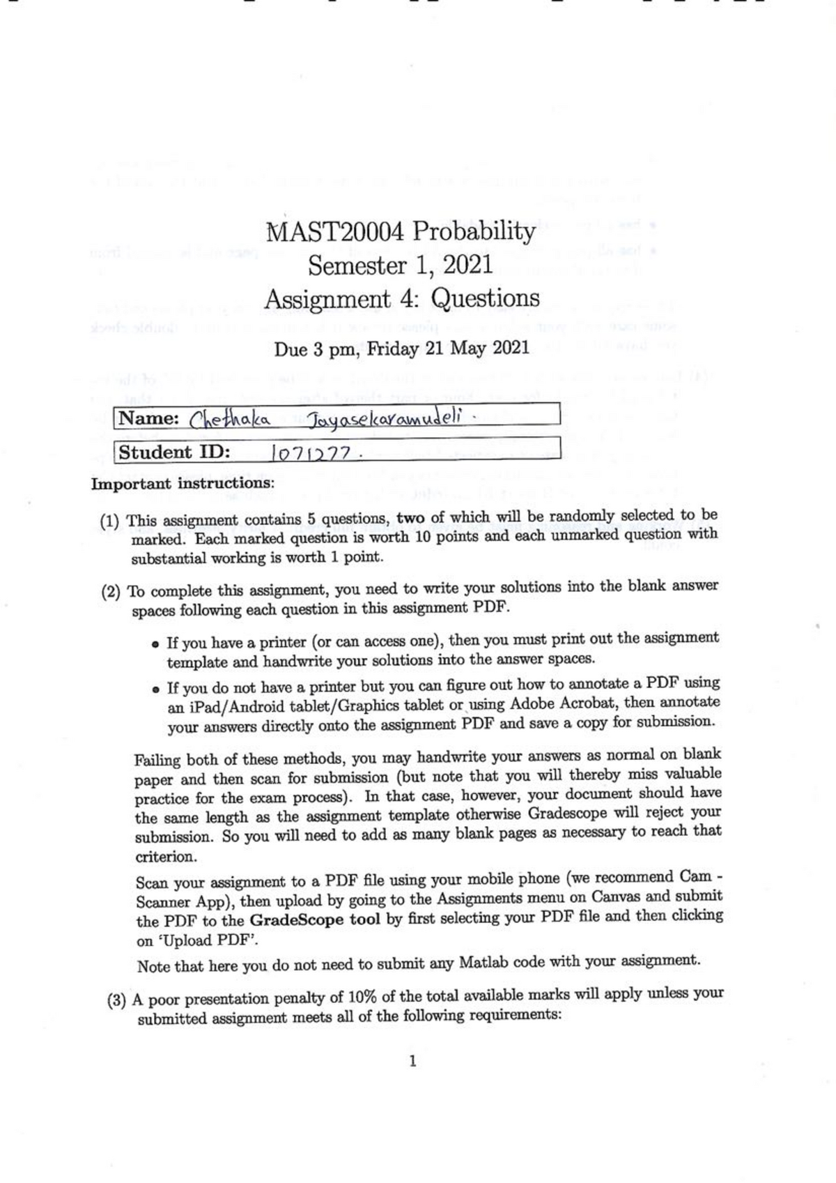 Probability Assignment 4 2020 - MAST20004 - Unimelb - Studocu