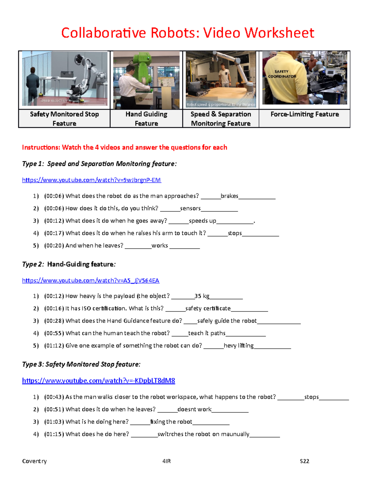 Video Qs Collaborative Robots student worksheet Jan 29 - Collaborative ...