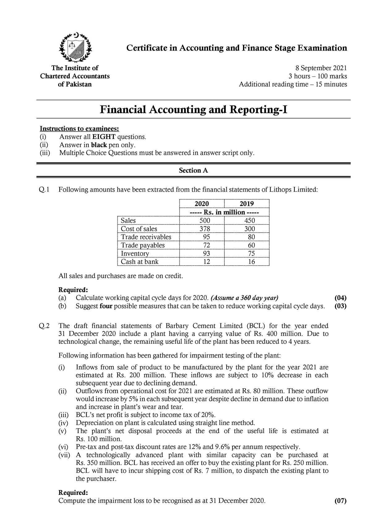 CAF 1 FAR1 Autumn 2021 - Certificate In Accounting And Finance Stage ...