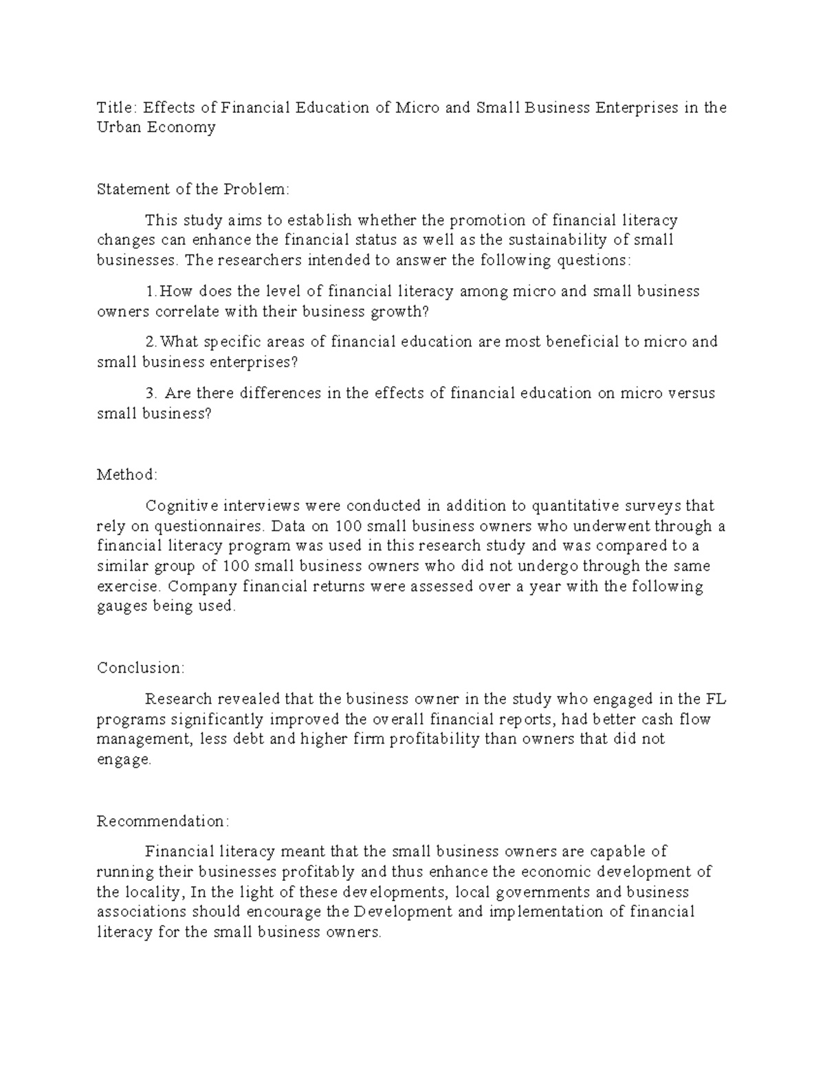 PR2 - summary of practical research 2 - Title: Effects of Financial ...