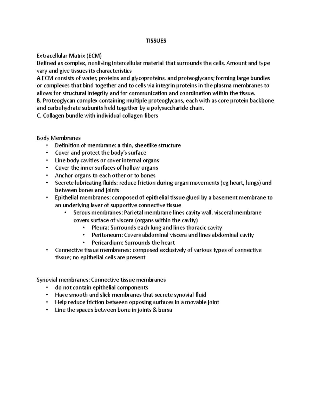 Tissues - lecture notes - TISSUES Extracellular Matrix (ECM) Deined as ...