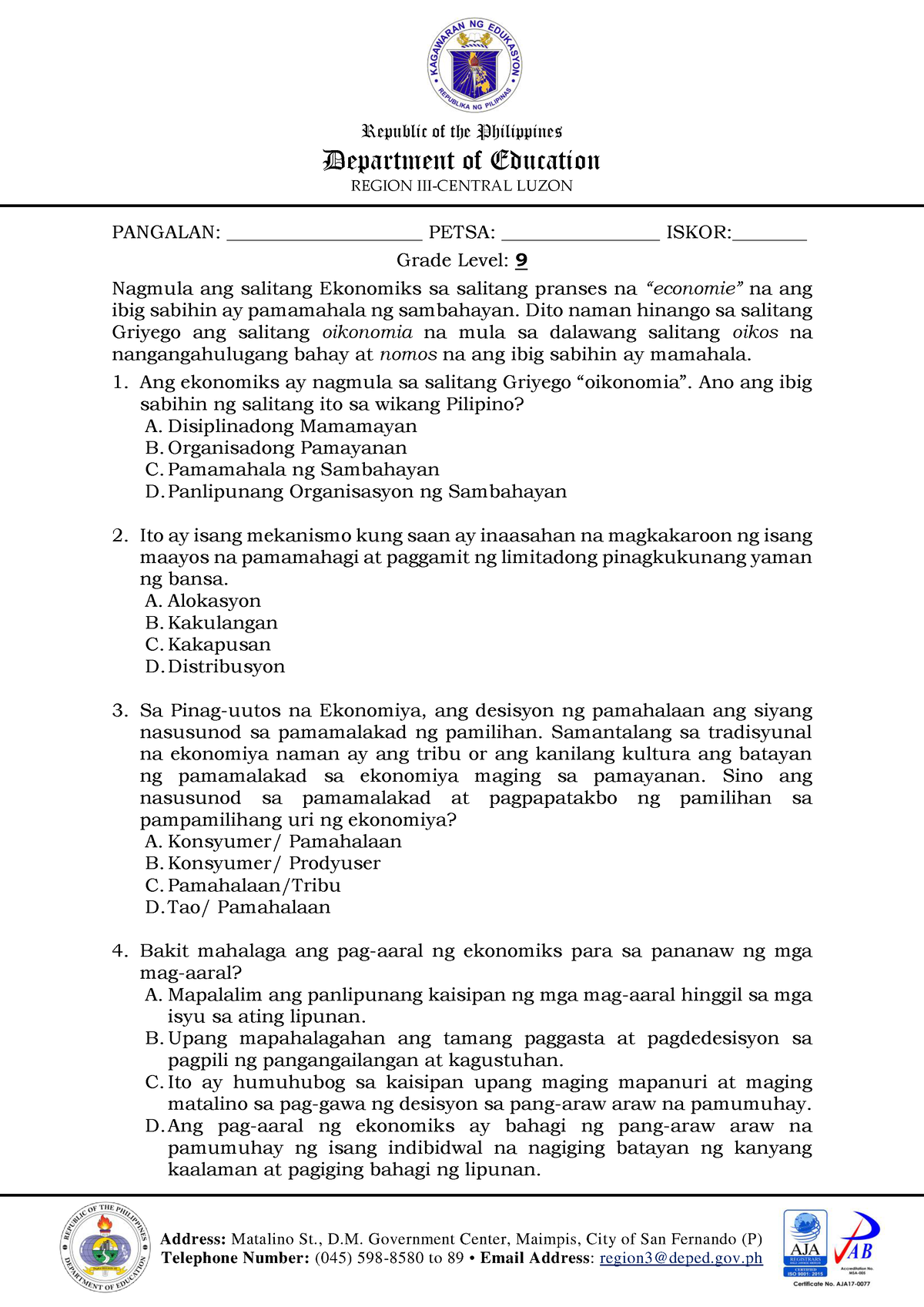 Ap9 60 Itemtest Araling Panlipunan Department Of Education Region Iii Central Luzon Address 9126