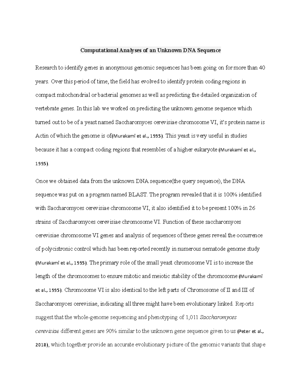 Bioinformatics assignment - Computational Analyses of an Unknown DNA ...