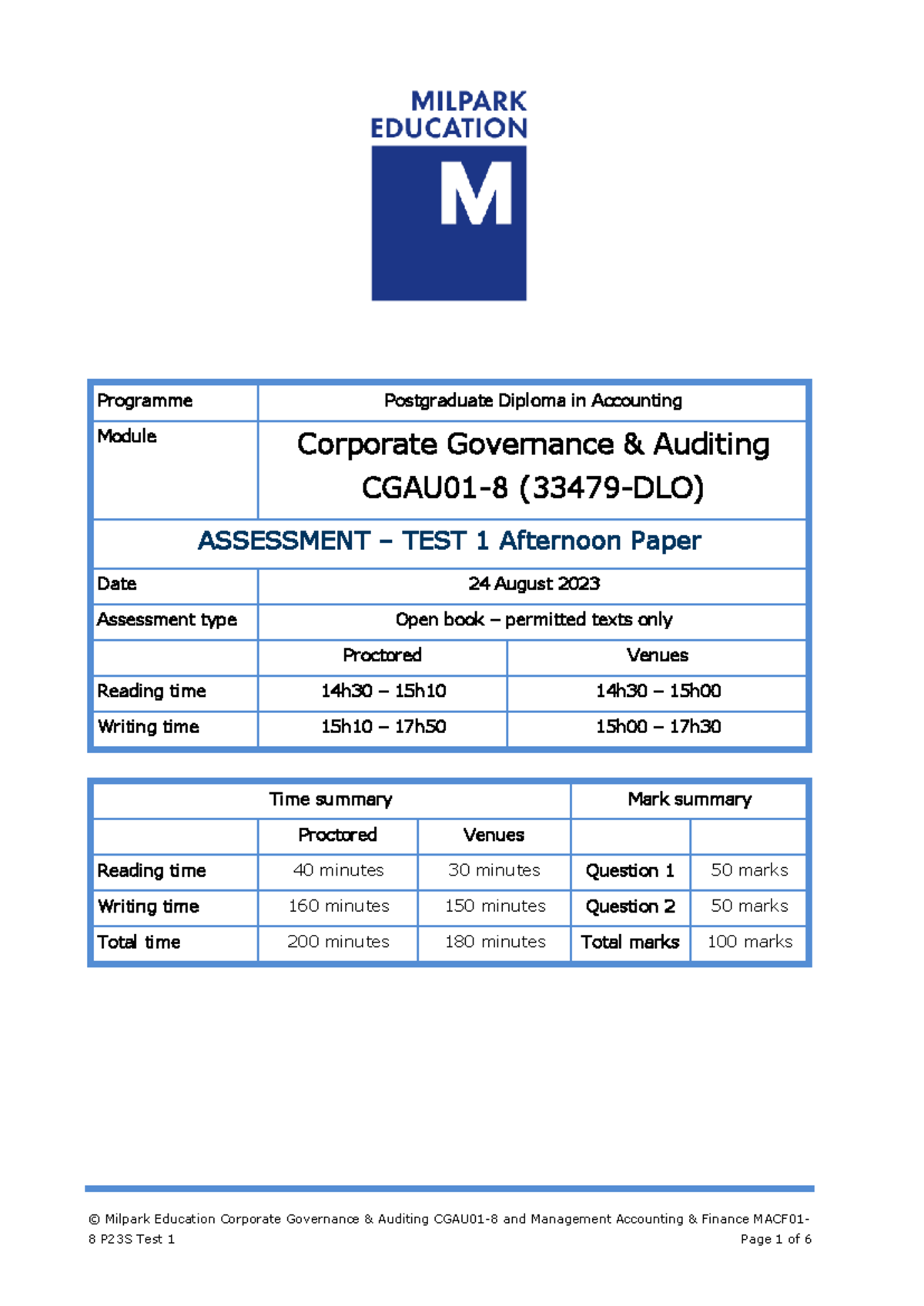 CGA P23S Test 1 Scenario - © Milpark Education Corporate Governance ...
