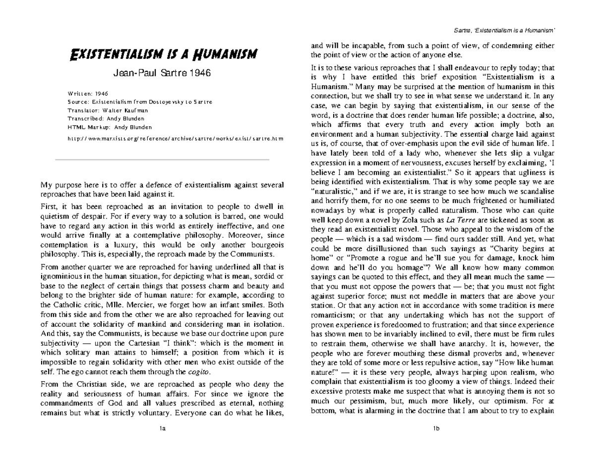 Sartre's Existentialism is a humanism - Existentialism is a Humanism ...