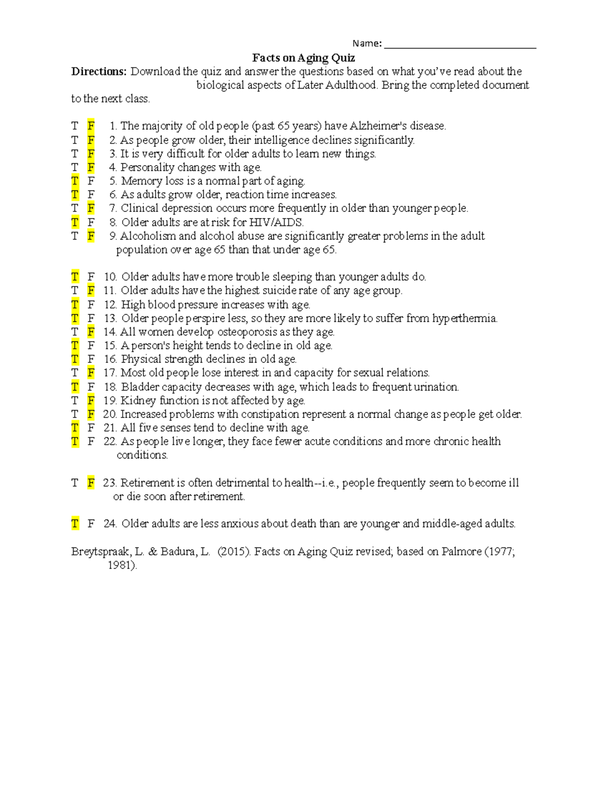 SW 316 Facts on Aging Quiz - Name: ____________________________ Facts ...