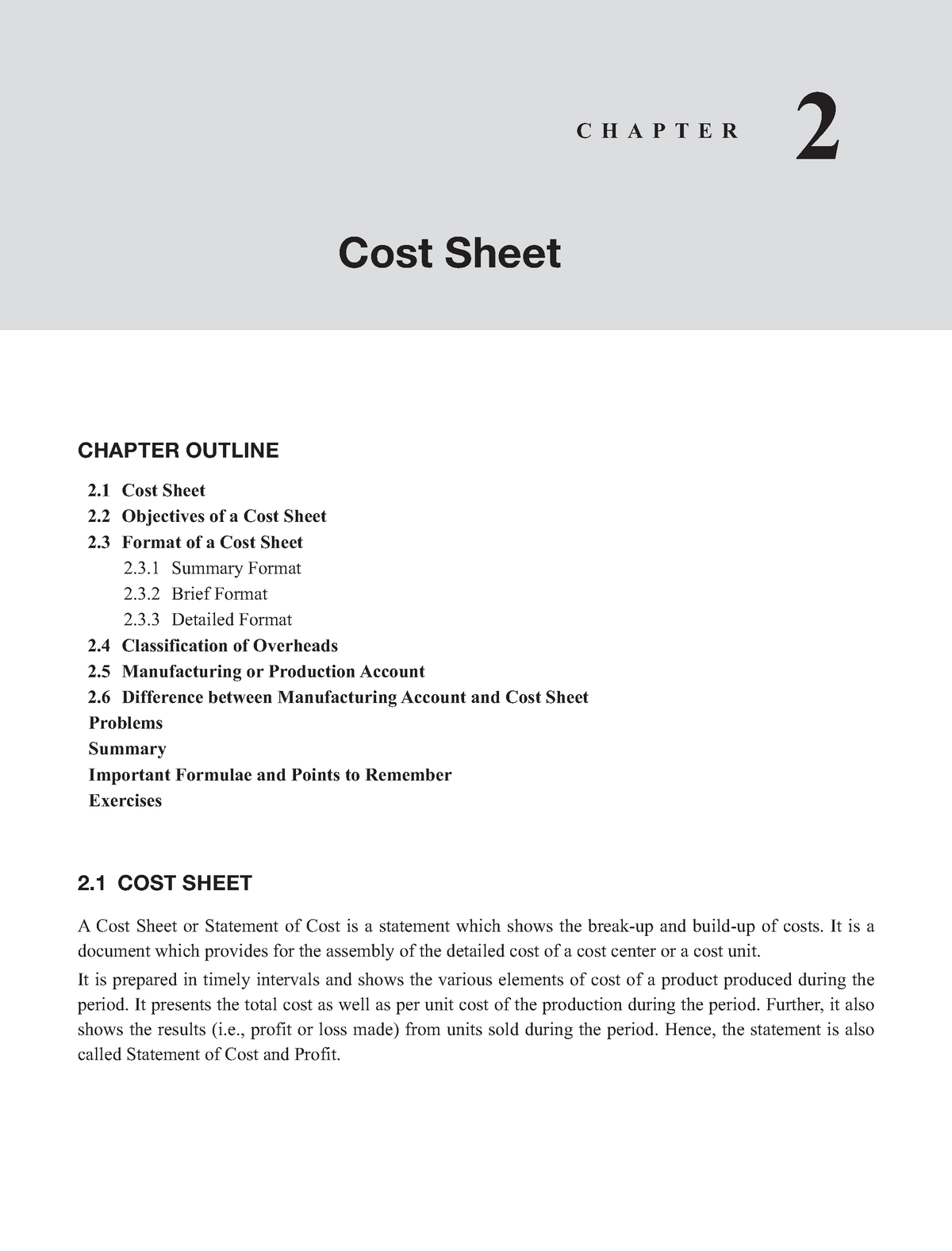 Chapter 2 Cost Sheet - - Studocu