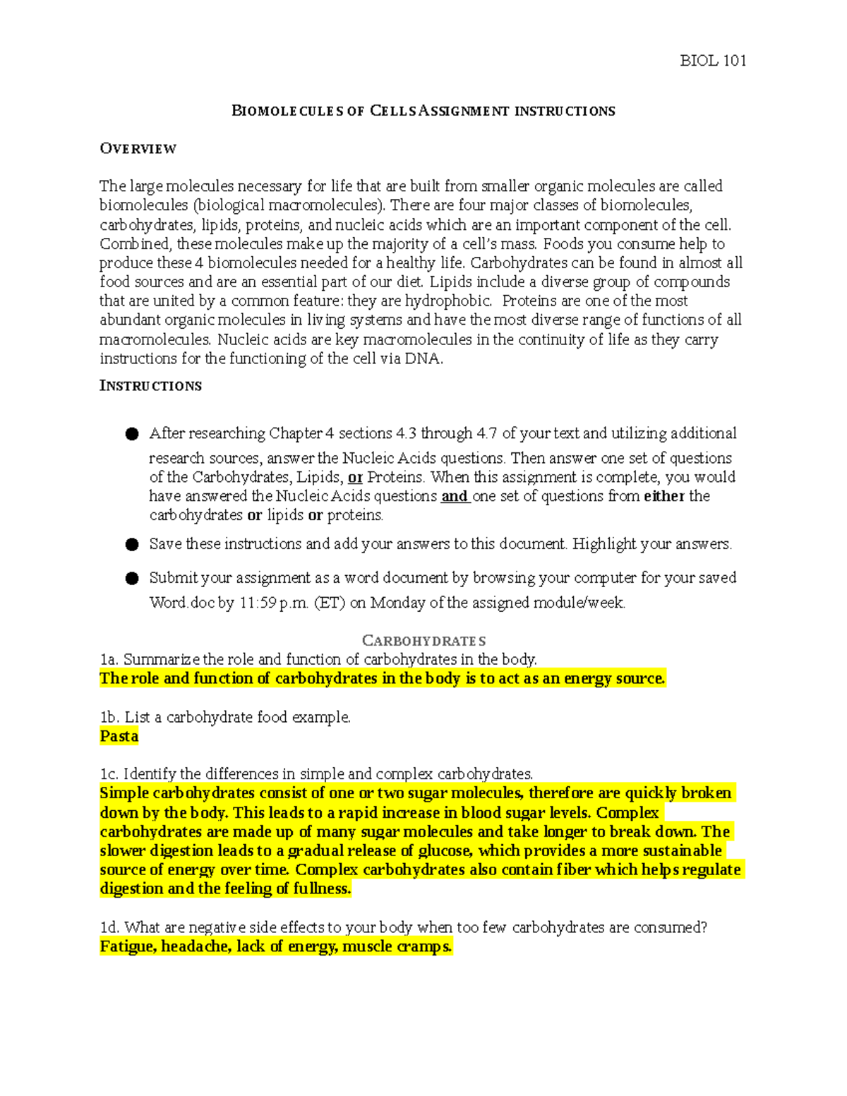 Biomolecules of Cells Assignment Instructions BIOL 101 BIOMOLECULES