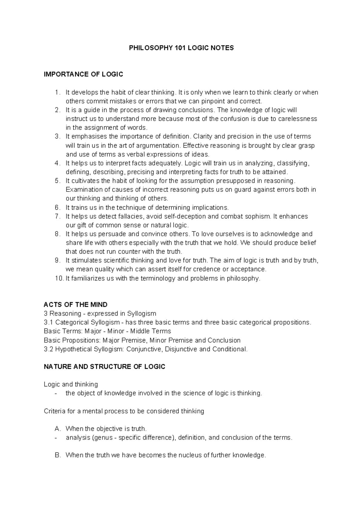 Philosophy-101-Notes - PHILOSOPHY 101 LOGIC NOTES IMPORTANCE OF LOGIC ...