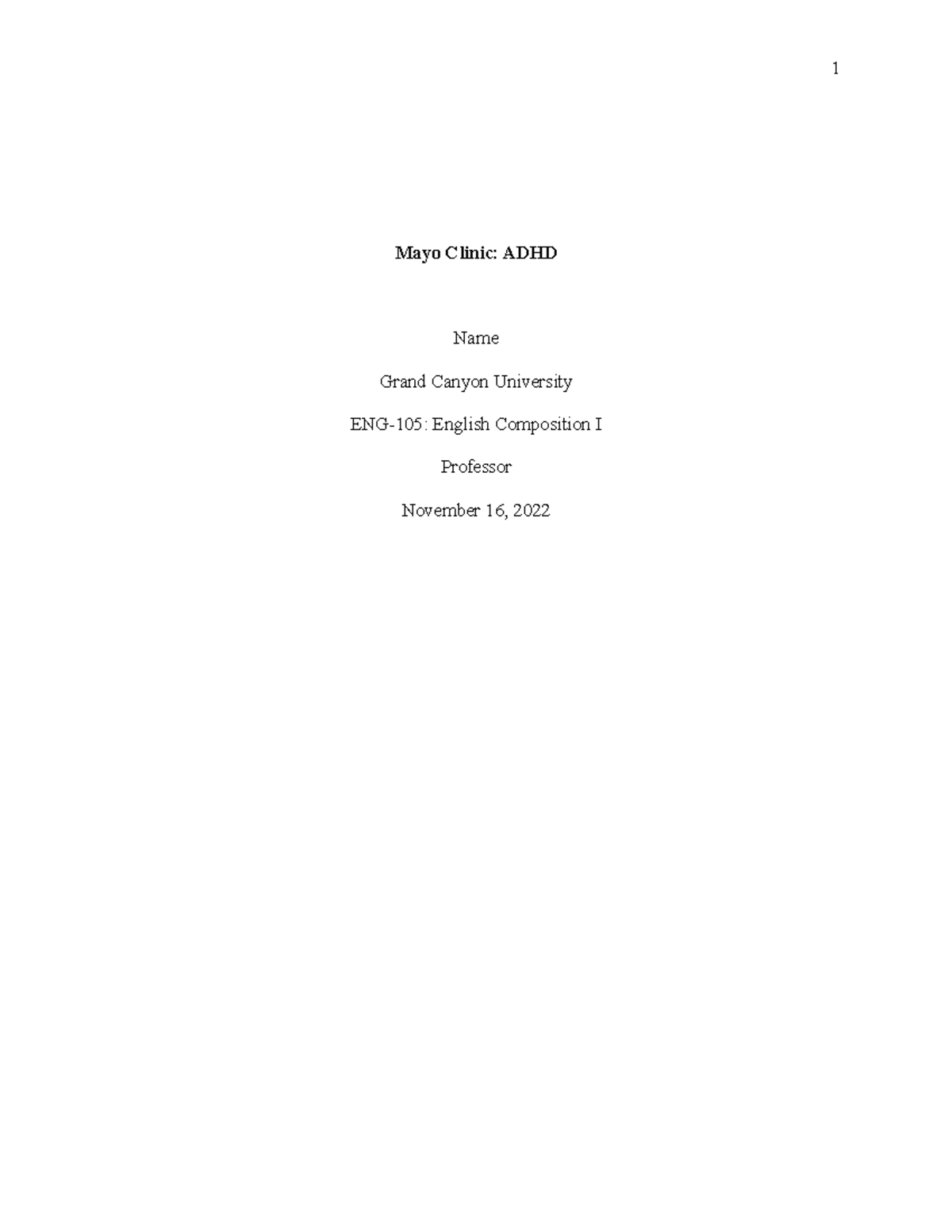 Final Draft of a Review Assignment Mayo Clinic ADHD Name Grand