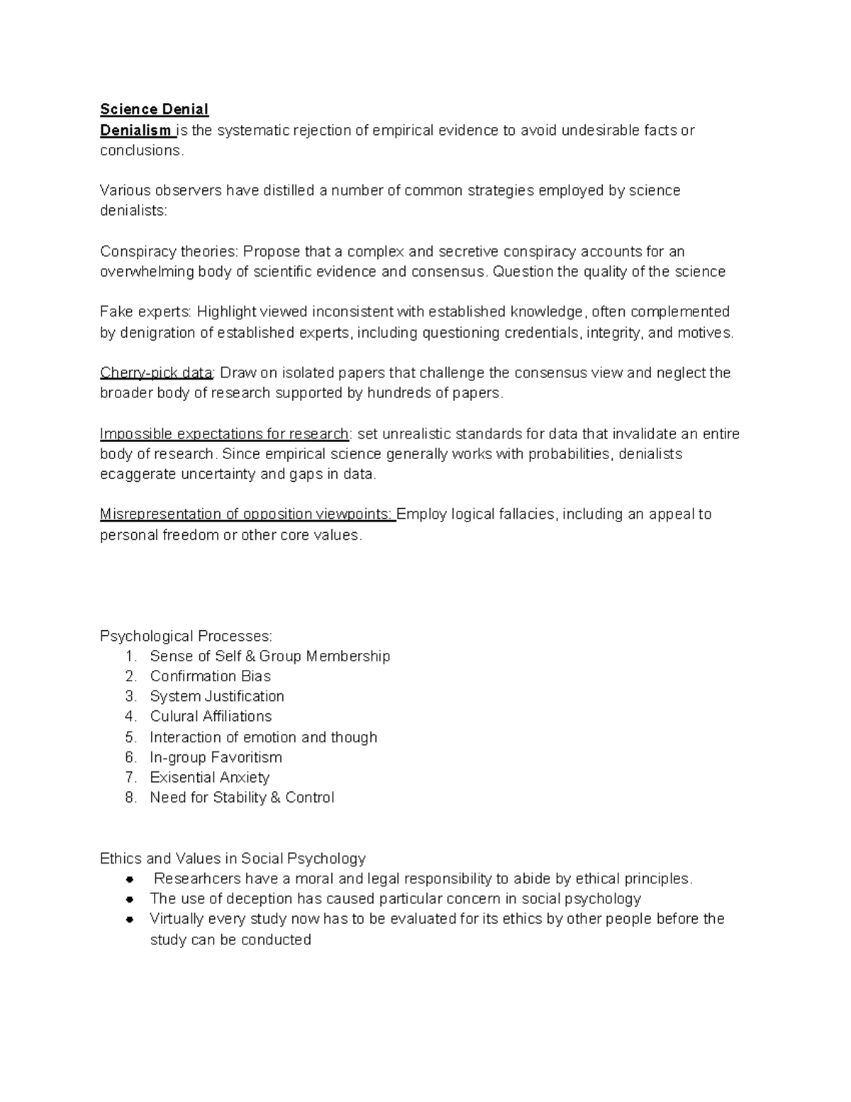 Social psych notes 3 - Science Denial Denialism is the systematic ...