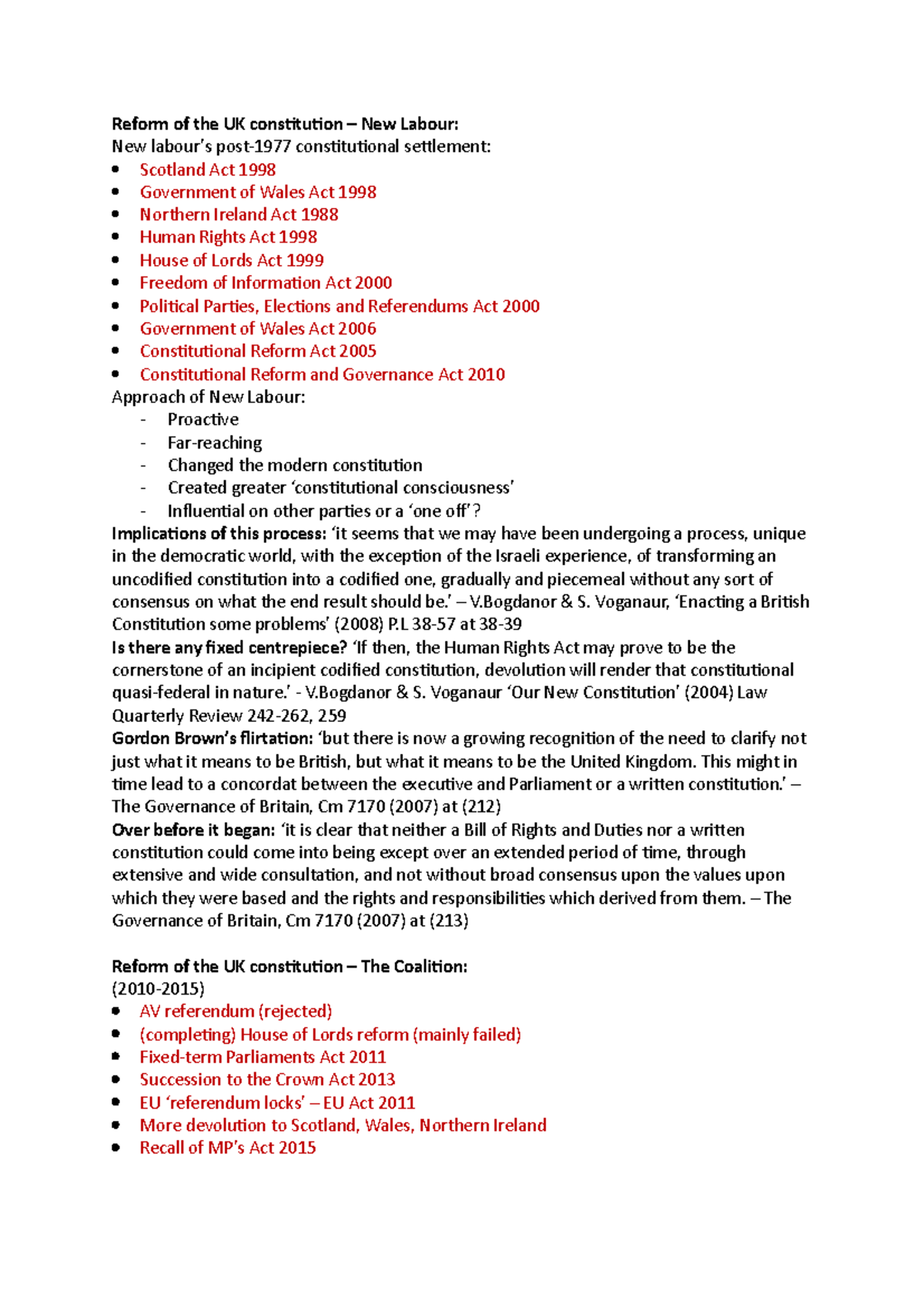 Public Law Reform of the UK constitution notes Reform of the UK