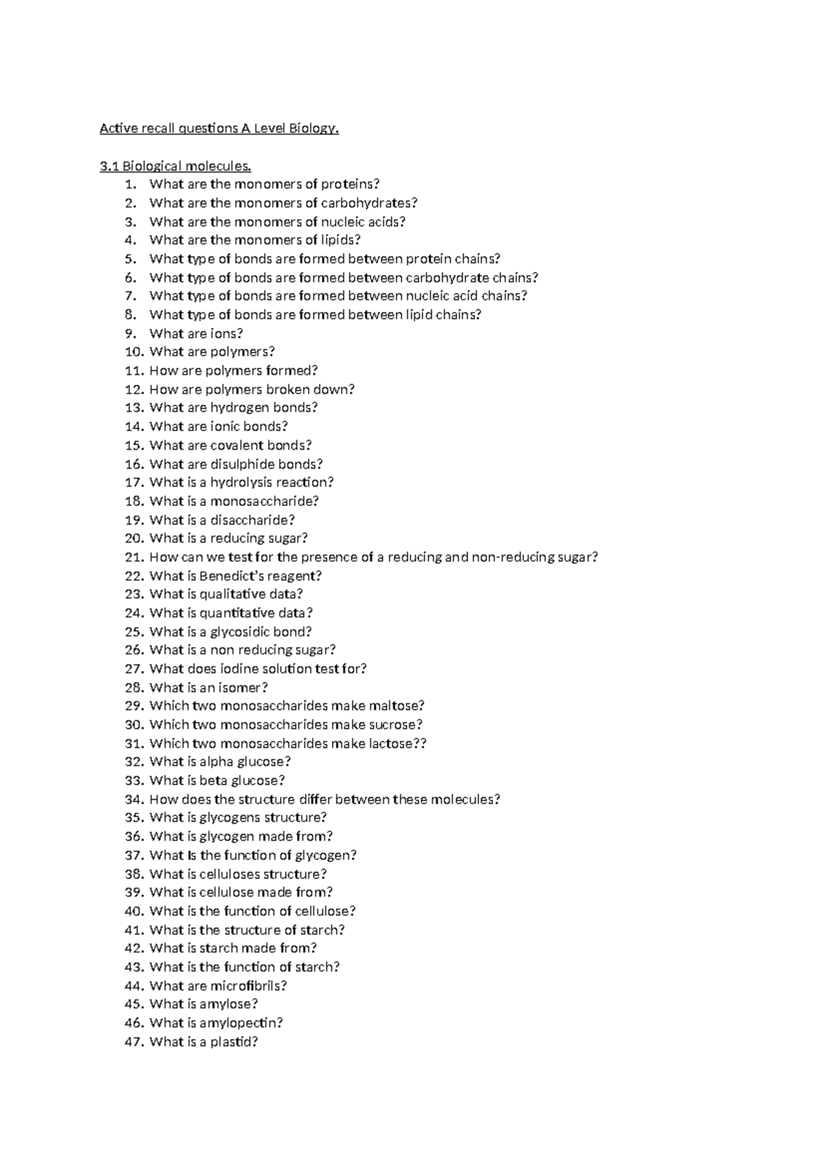 Quick fire recall biology alevel copy - Active recall questions A Level ...