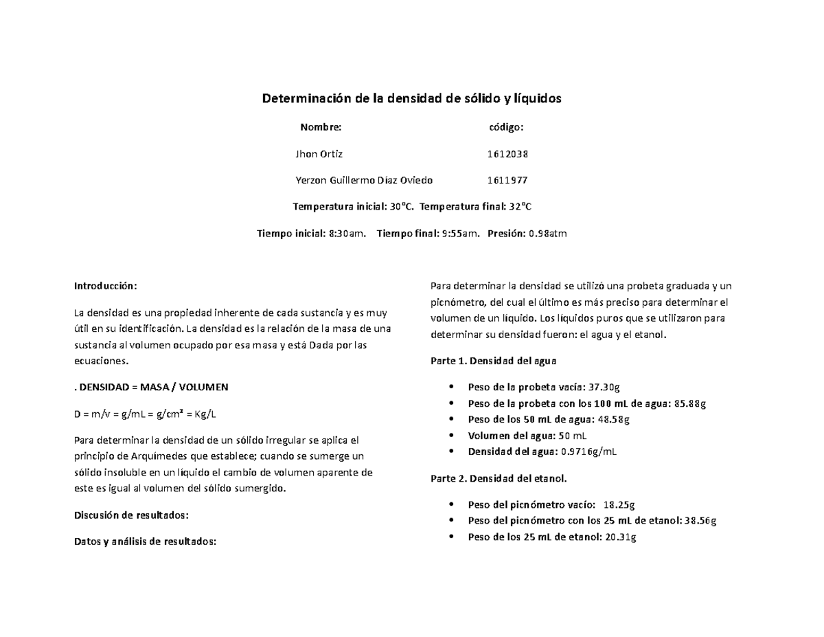 Determinación de la densidad de sólido y líquidos - Determinación de la